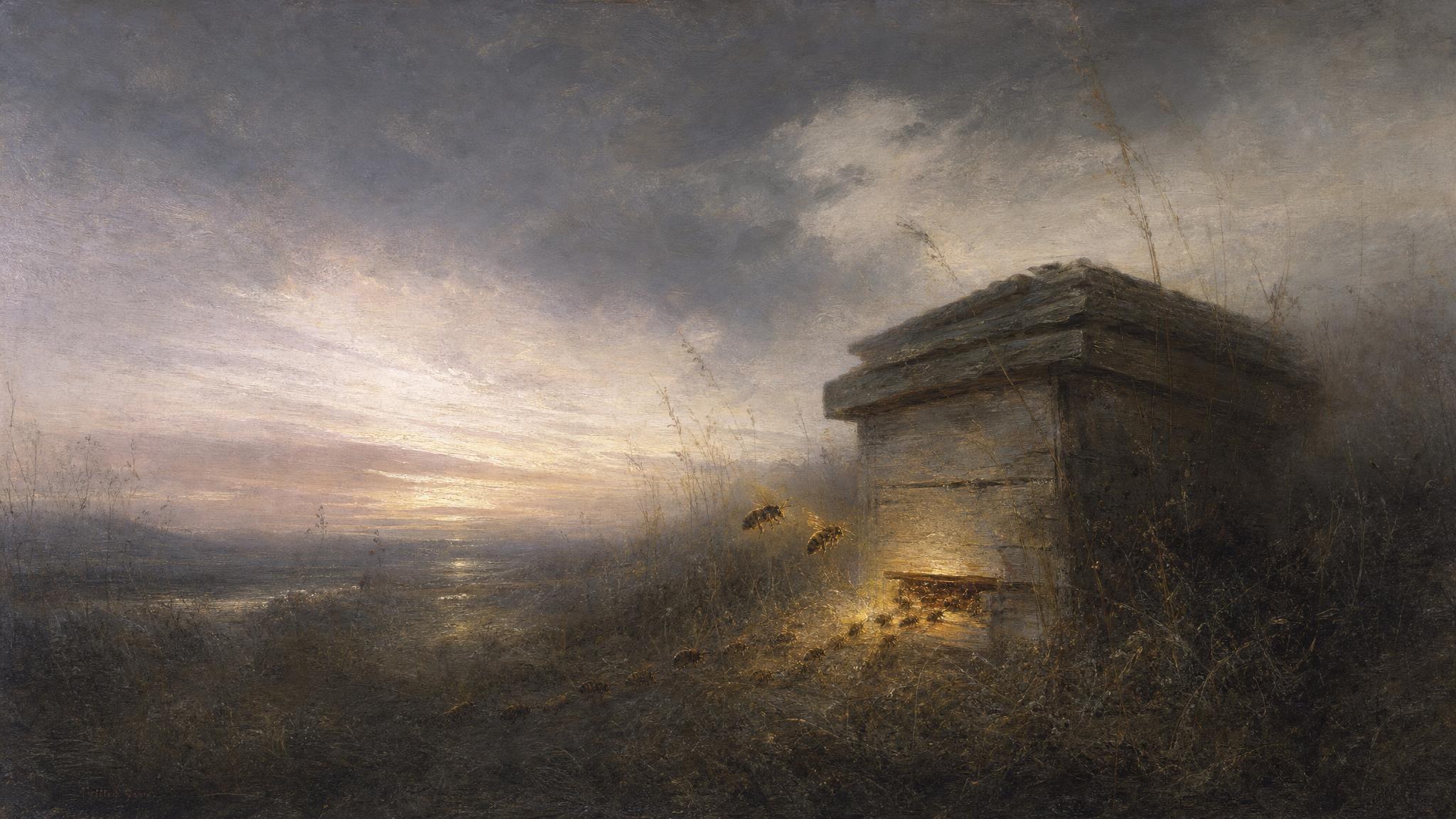 Bees stream into a glowing hive at dusk, most passing through in silver-grey light, one pair breaking off toward amber warmth within.