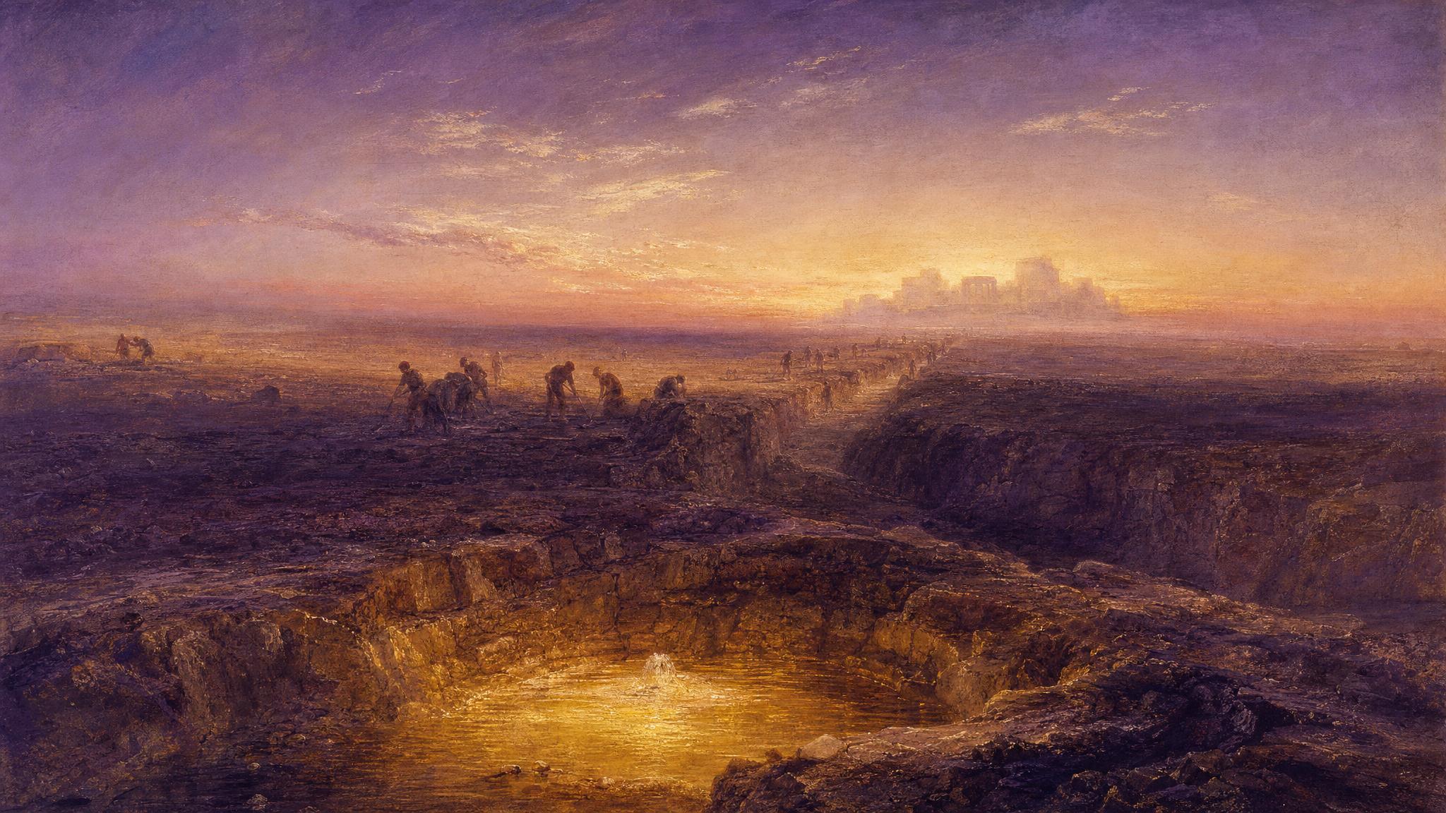 Distant figures dig toward a hazy horizon while a glowing spring rises unnoticed nearby, violet dusk fading into rose-gold light.