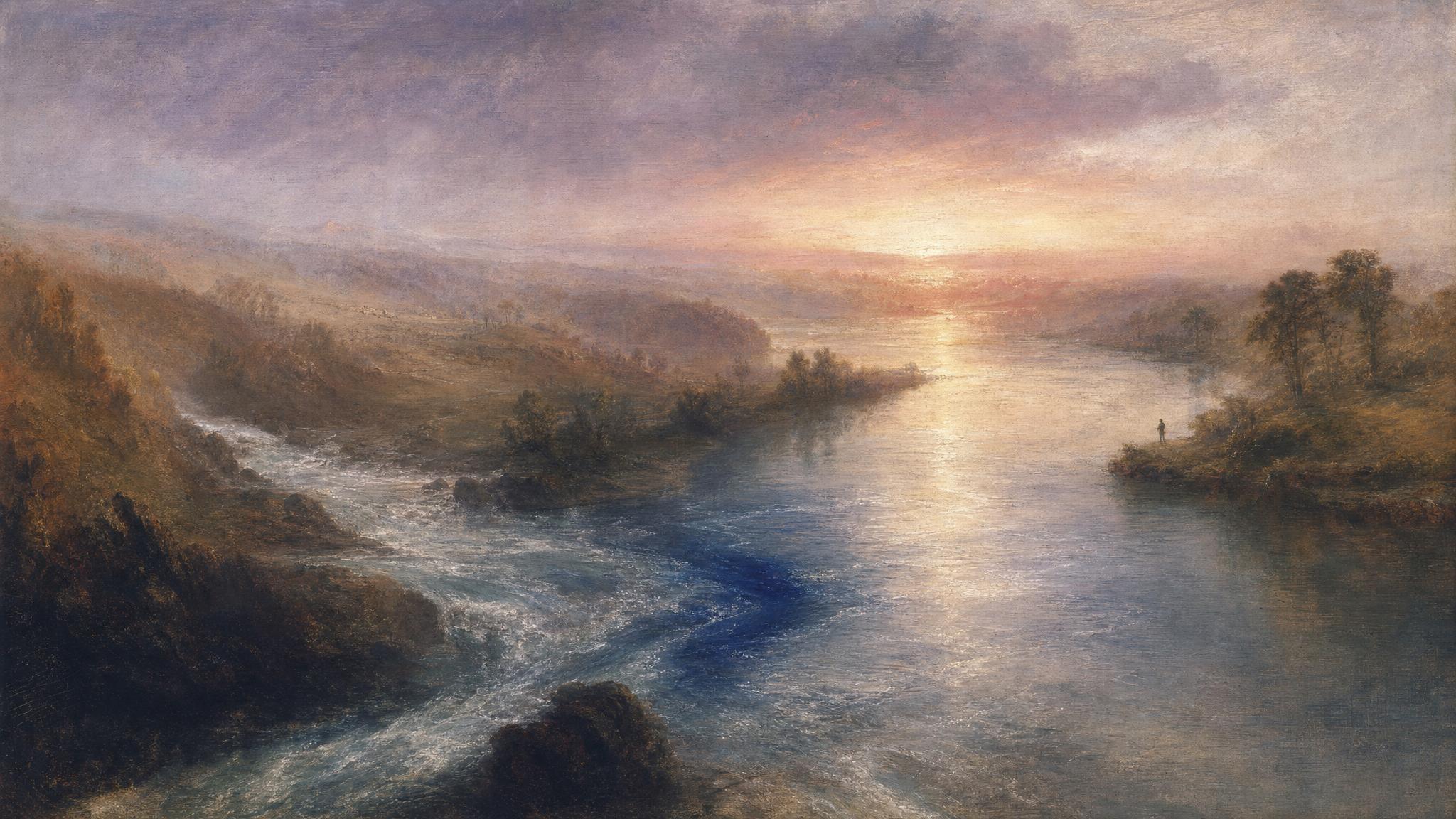 Two rivers merge into one stronger current beneath a violet and rose-gold sky, silver-blue water glowing with inner light.
