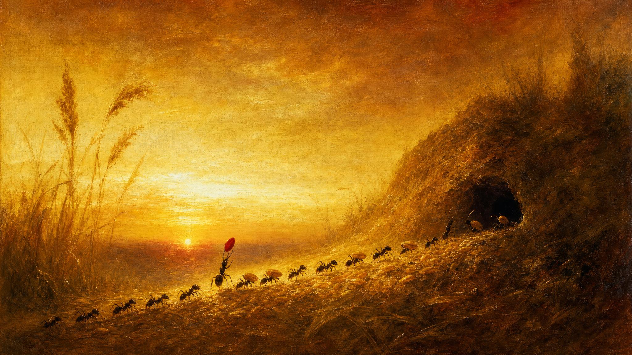 Ants relay grain in golden light toward a dark store, a few pausing to redirect one stray kernel back into the flow.