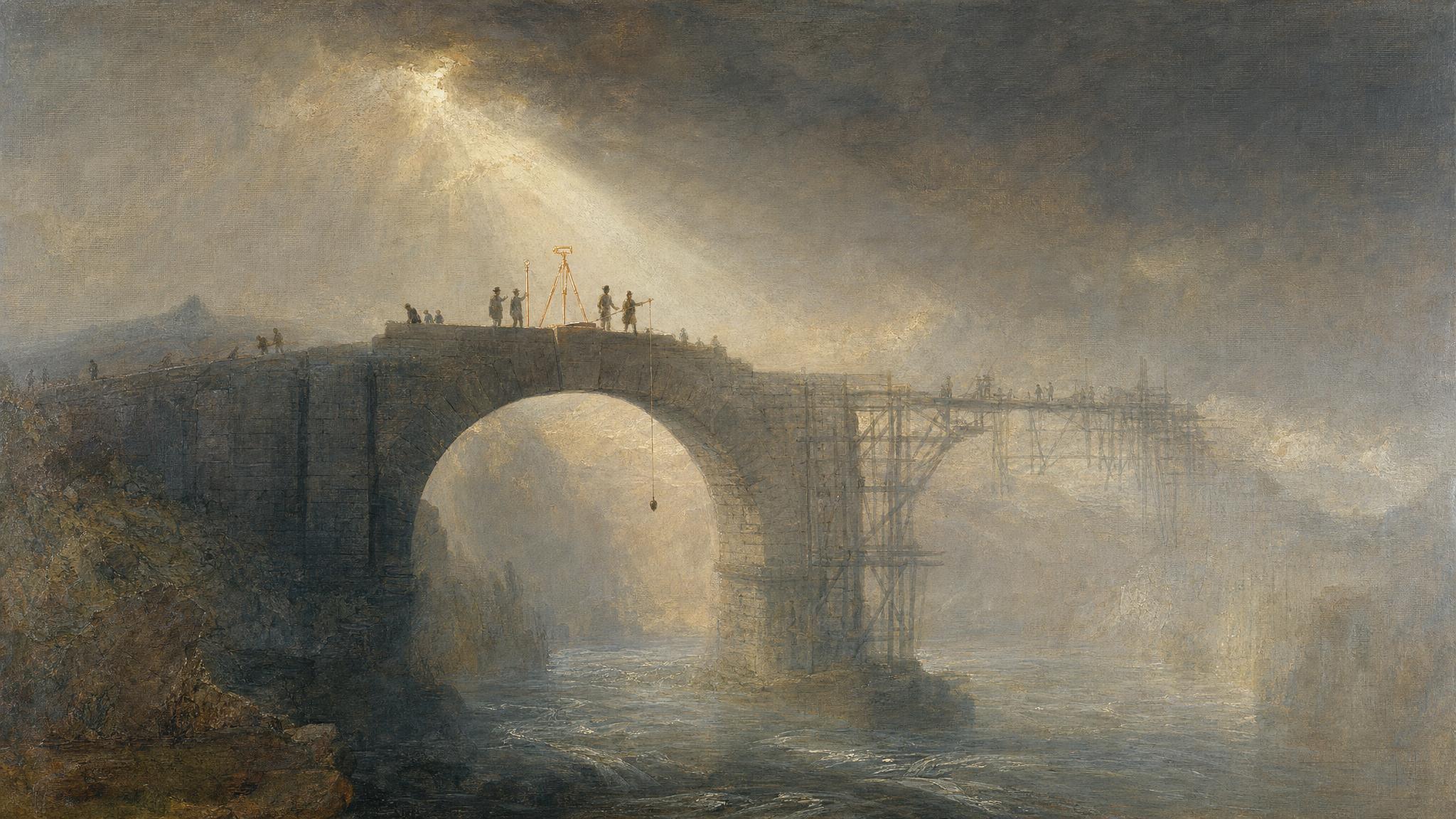 Silhouetted surveyors measure a half-built stone bridge in slate grey light before its unfinished far span dissolves into mist.