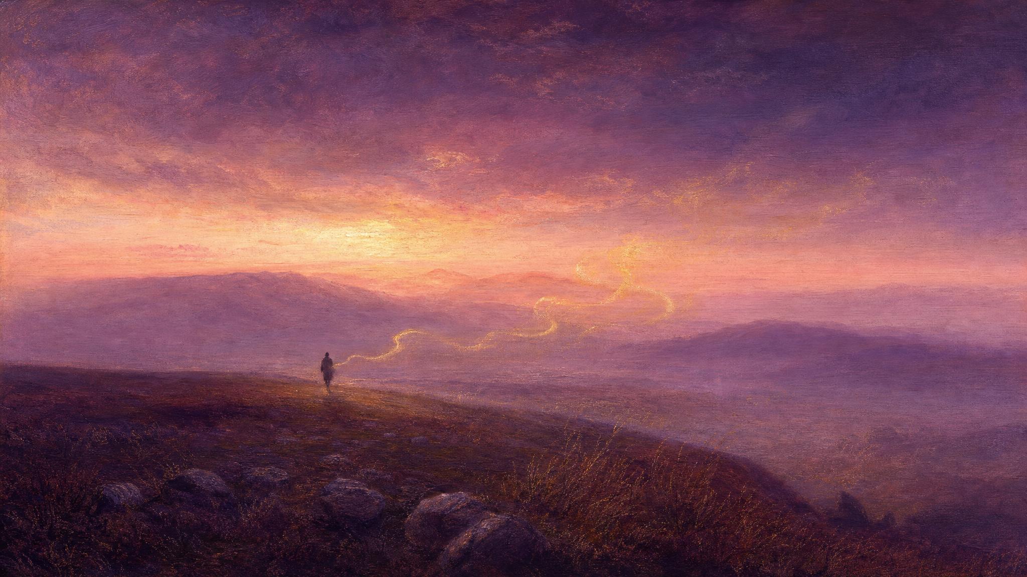 A lone figure walks a violet dusk ridge trailing a free-floating ribbon of golden light beneath a rose-tinged horizon.