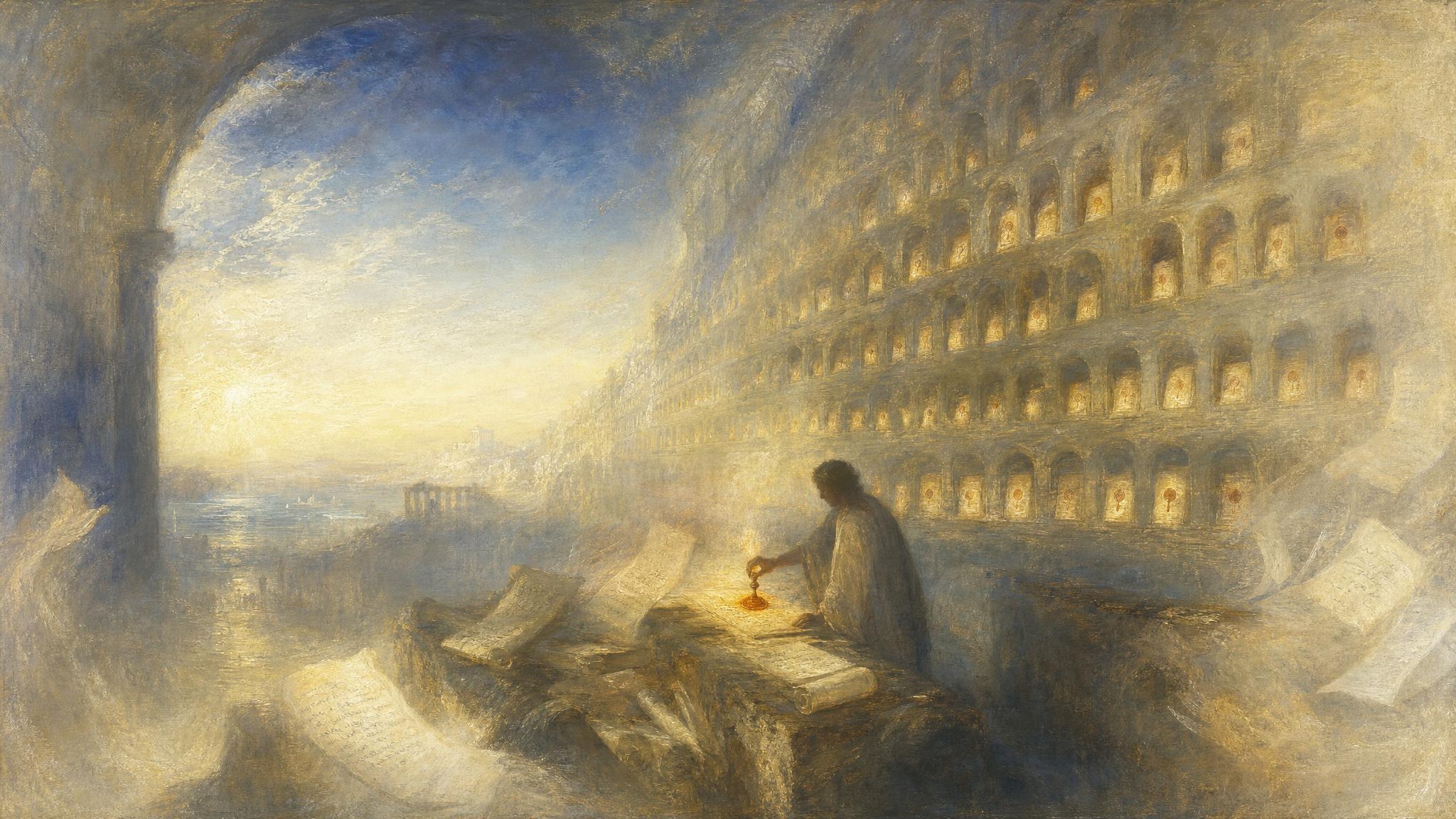 A stone archive wall glows with sealed scrolls in silver-blue light as a small figure presses an amber wax seal onto a loose tablet.