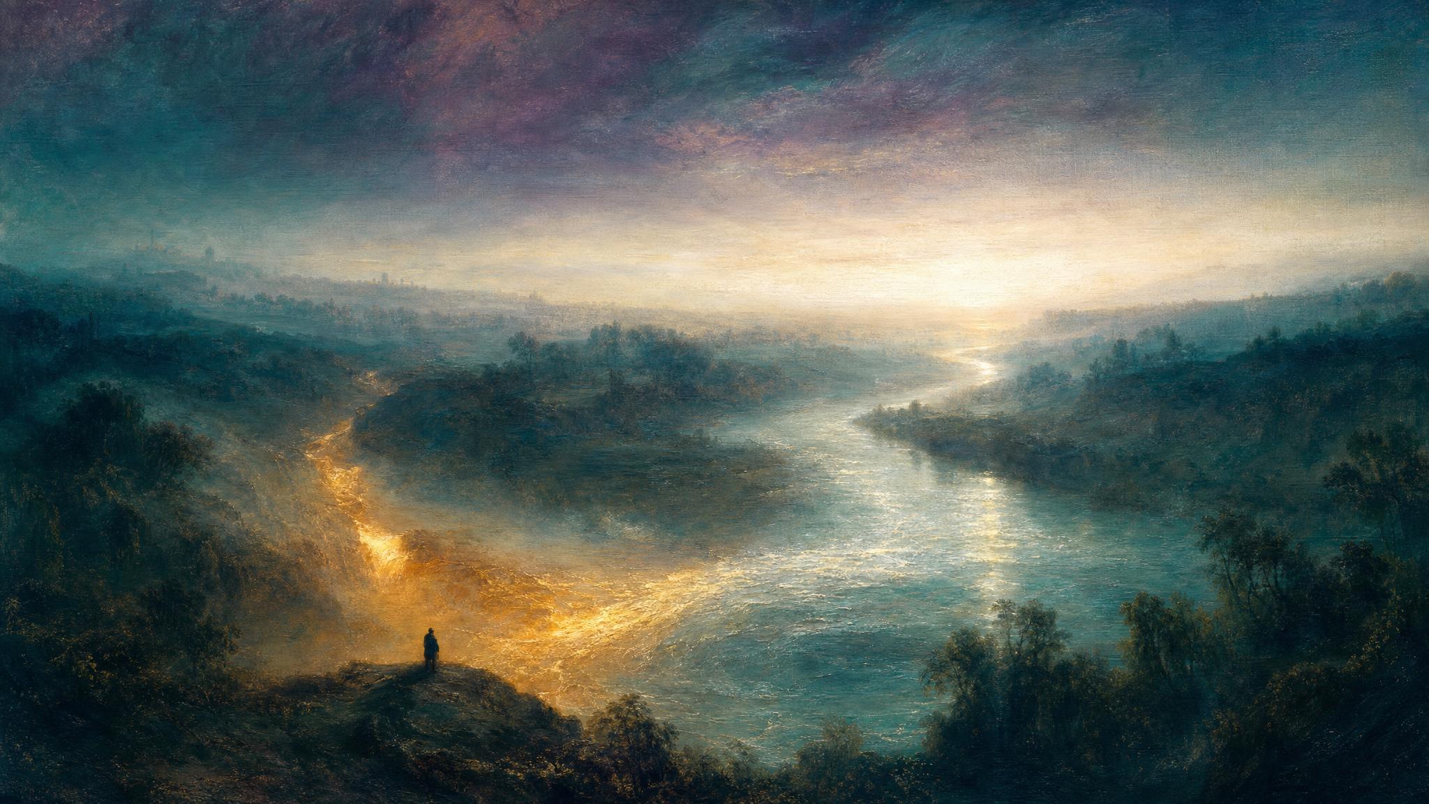 A deeper current joins a familiar river in teal and misted light, their waters merging beneath a glowing amber confluence at dusk.