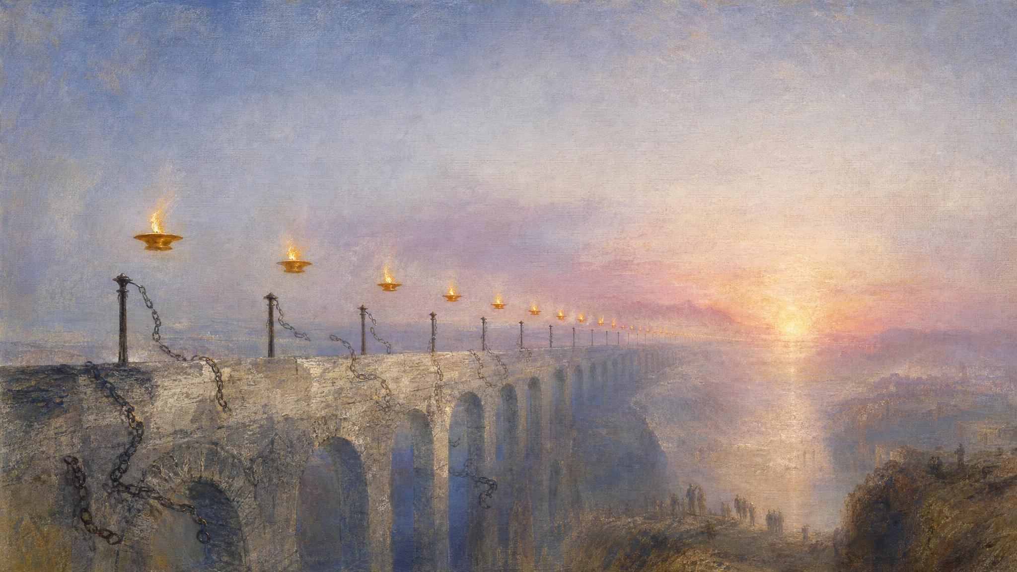 Freed lamps drift above an ancient aqueduct as their chains fall away, gold flames glowing under a silver-violet dawn sky.