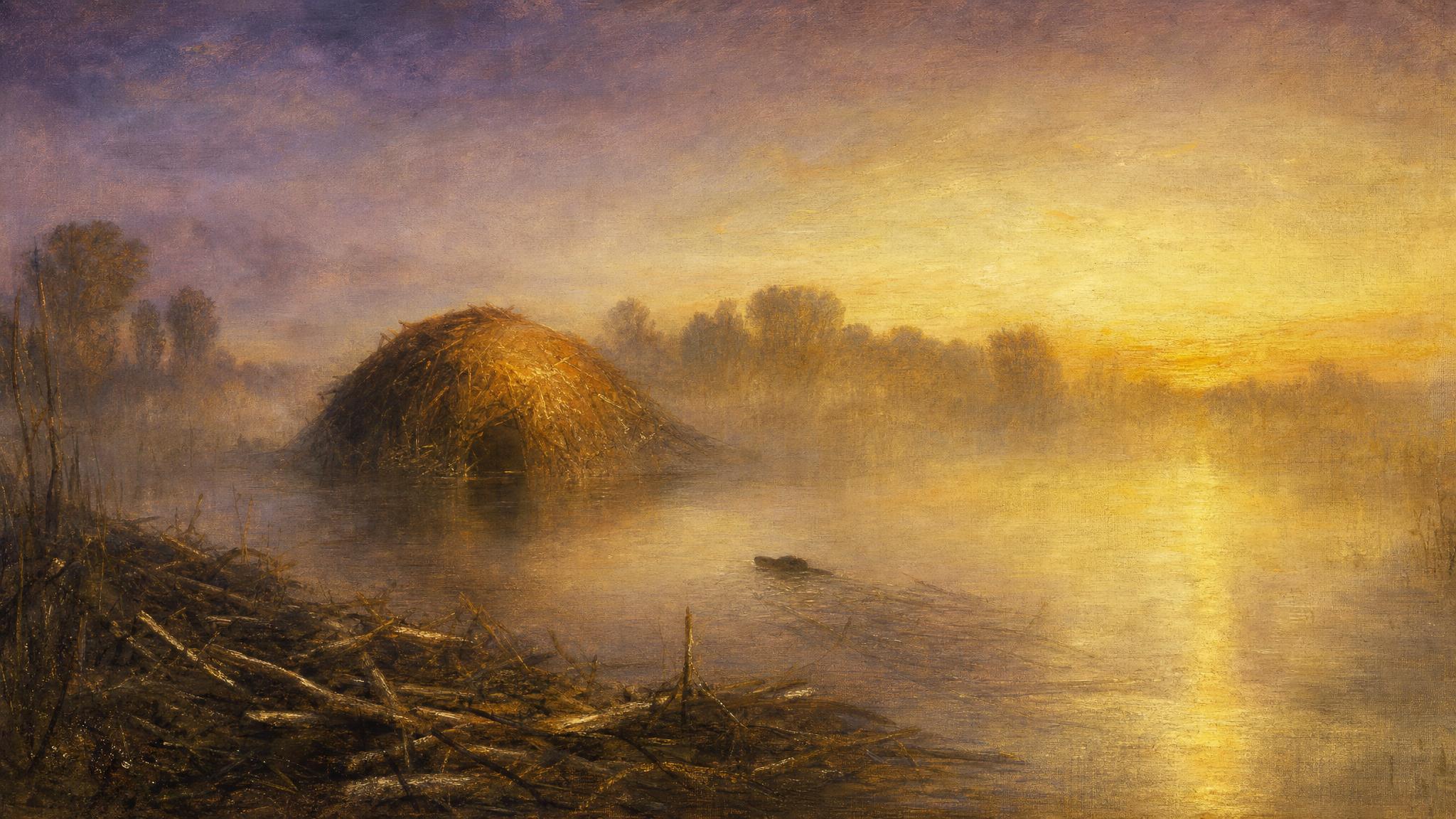 Beavers build a glowing amber lodge at dusk, but one branch stays pinned underwater, out of reach, beneath violet twilight.