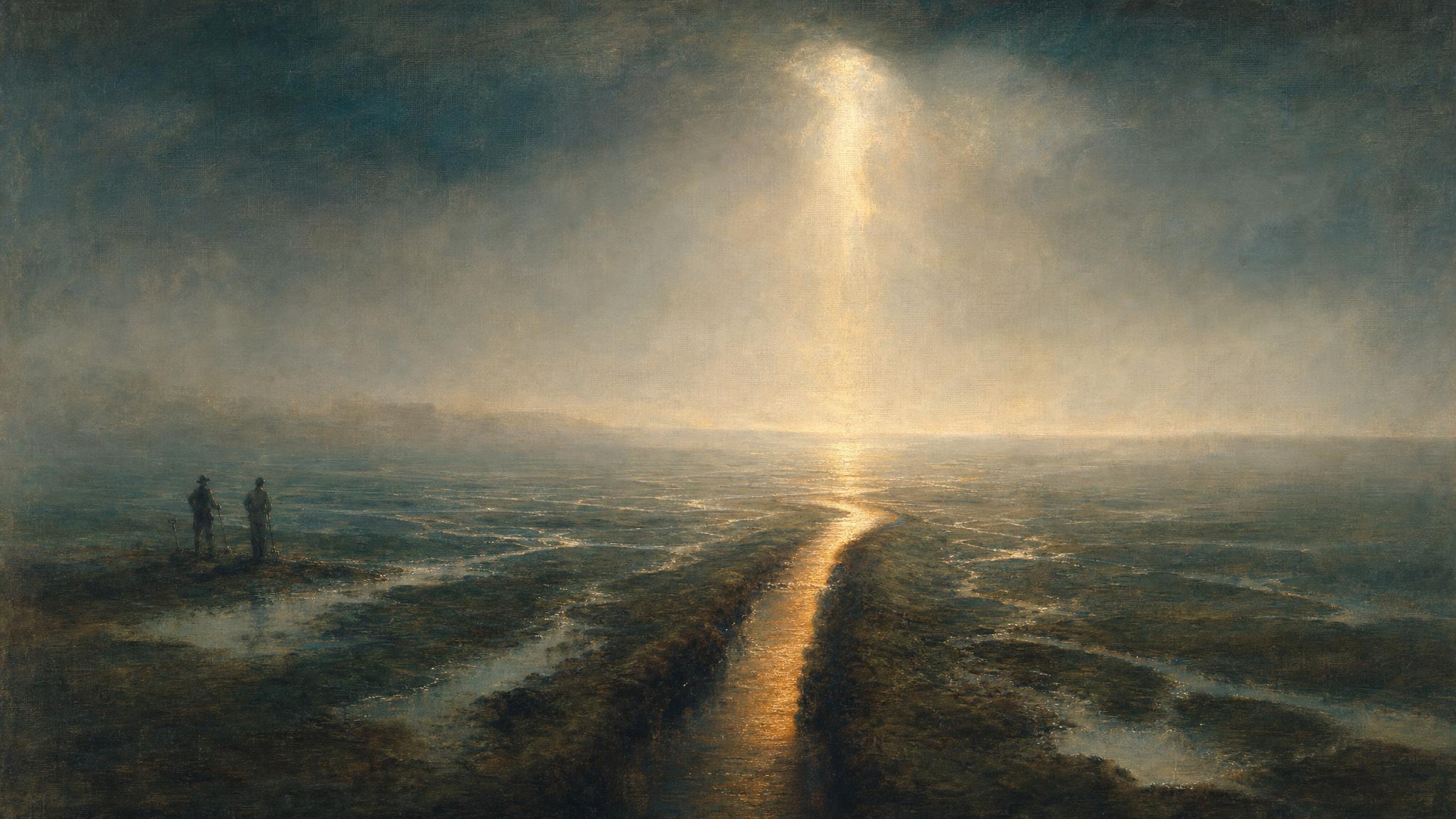 Many shallow rivulets scatter across a misty teal plain while one deep channel glows copper-gold under a soft break of light.