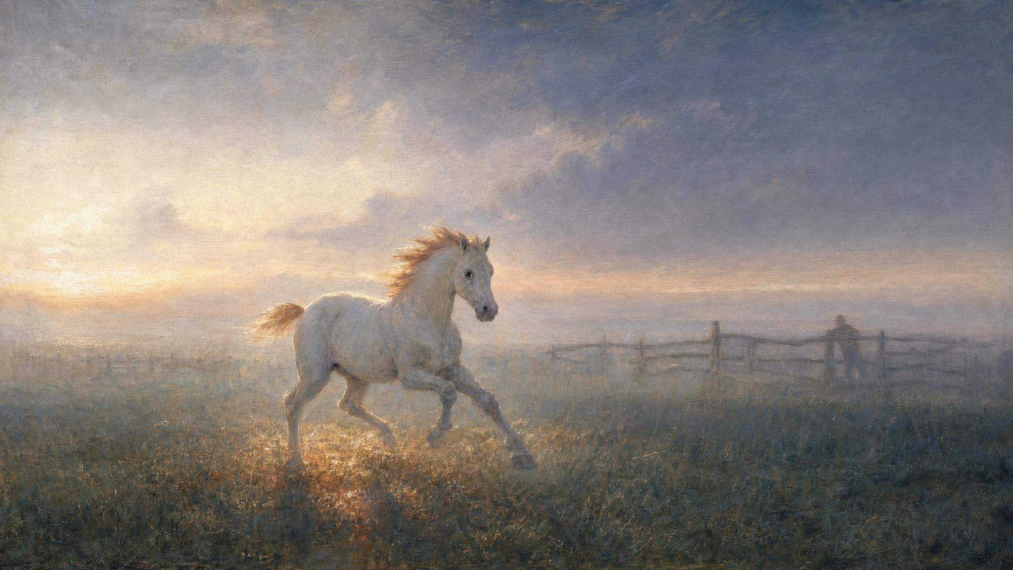 A pale colt gallops freely within a low fence at dawn, silver-blue light glowing with a warm bronze accent along its mane.