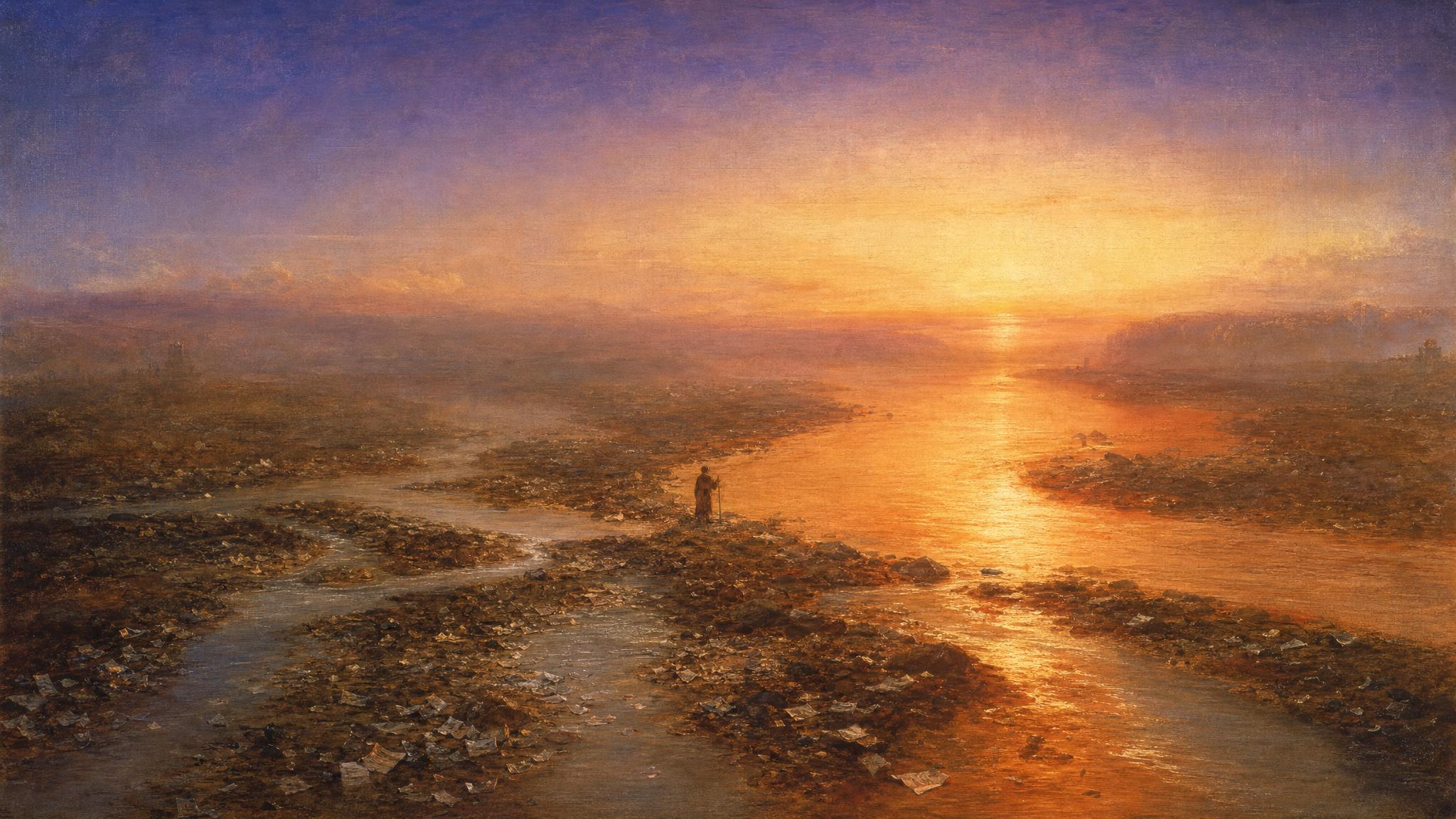 Four scattered streams merge into one broad glowing amber channel beneath a violet-to-rose dusk sky.