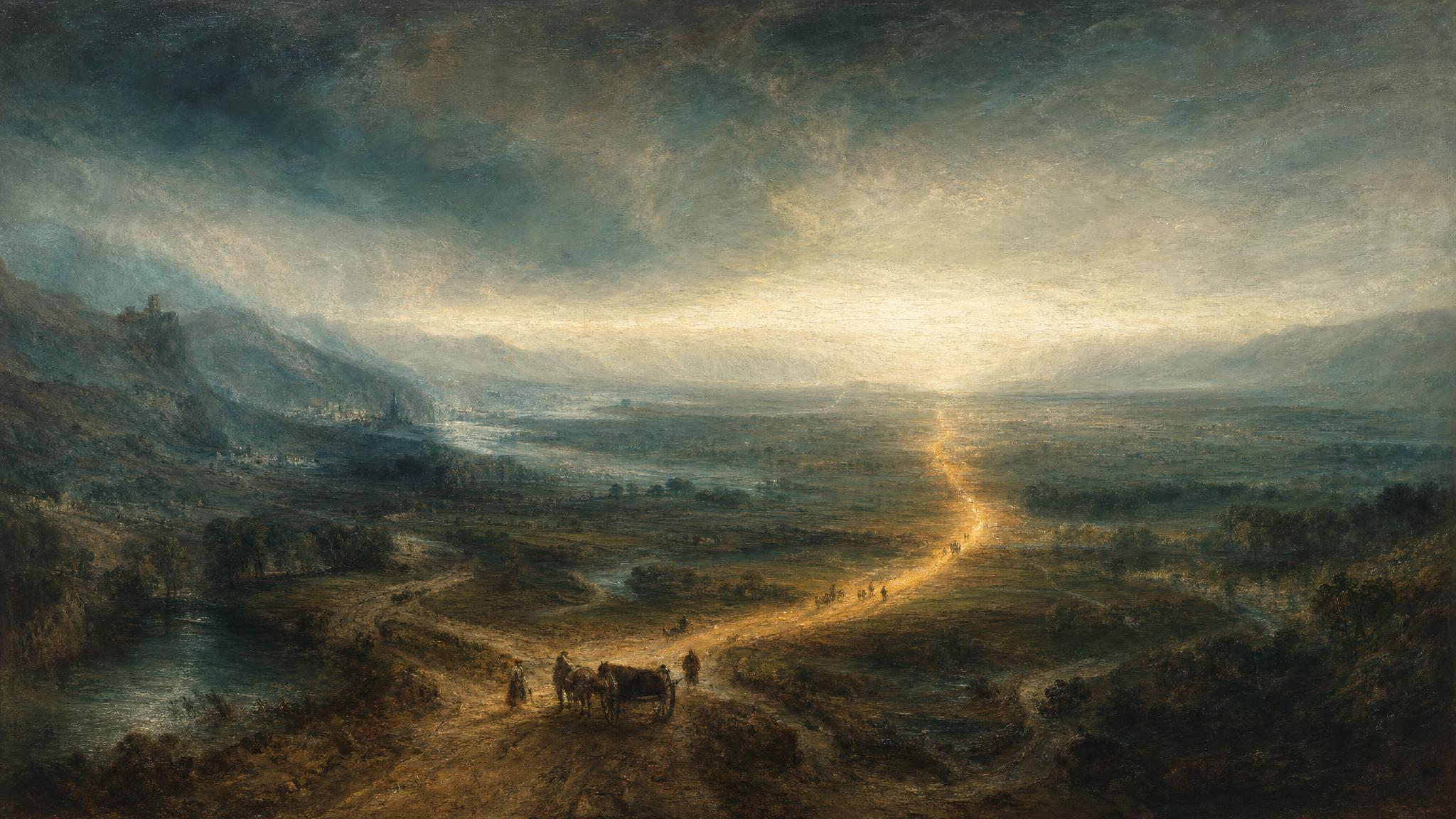 Tangled cart tracks across a misty teal valley converge into one glowing amber road toward a pale horizon.
