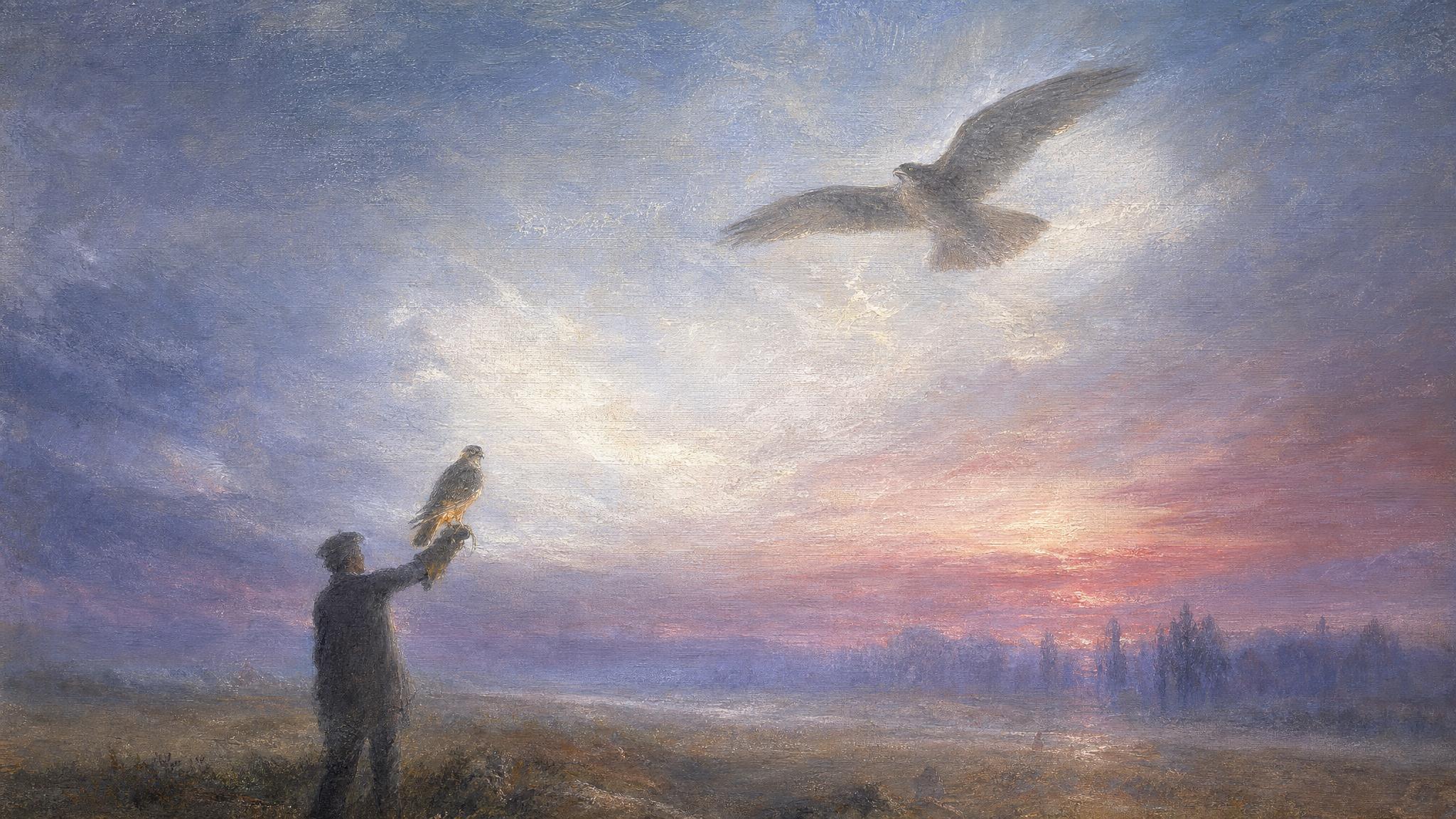 A gloved figure steadies a young falcon as an elder falcon circles above in silver-blue and rose dawn light.