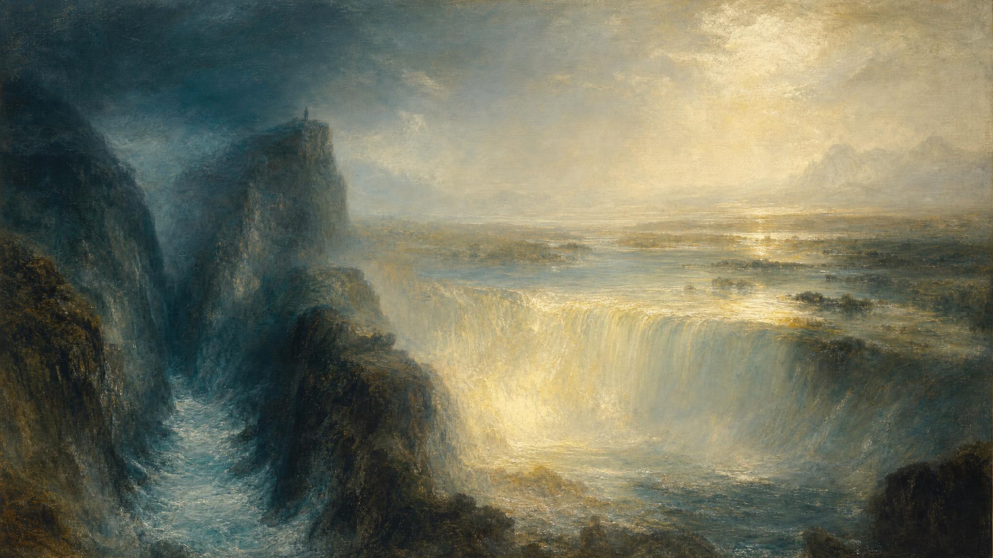 A narrow teal gorge opens into a wide golden-lit cascade, mist and silver light spreading across the falling water.
