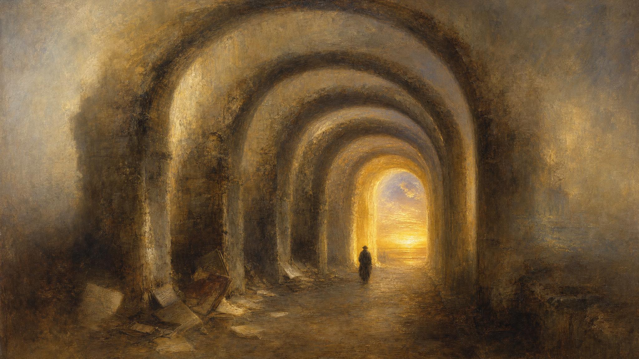 A shadowed row of stone arches narrows toward one radiant golden archway, a lone figure walking into the light.