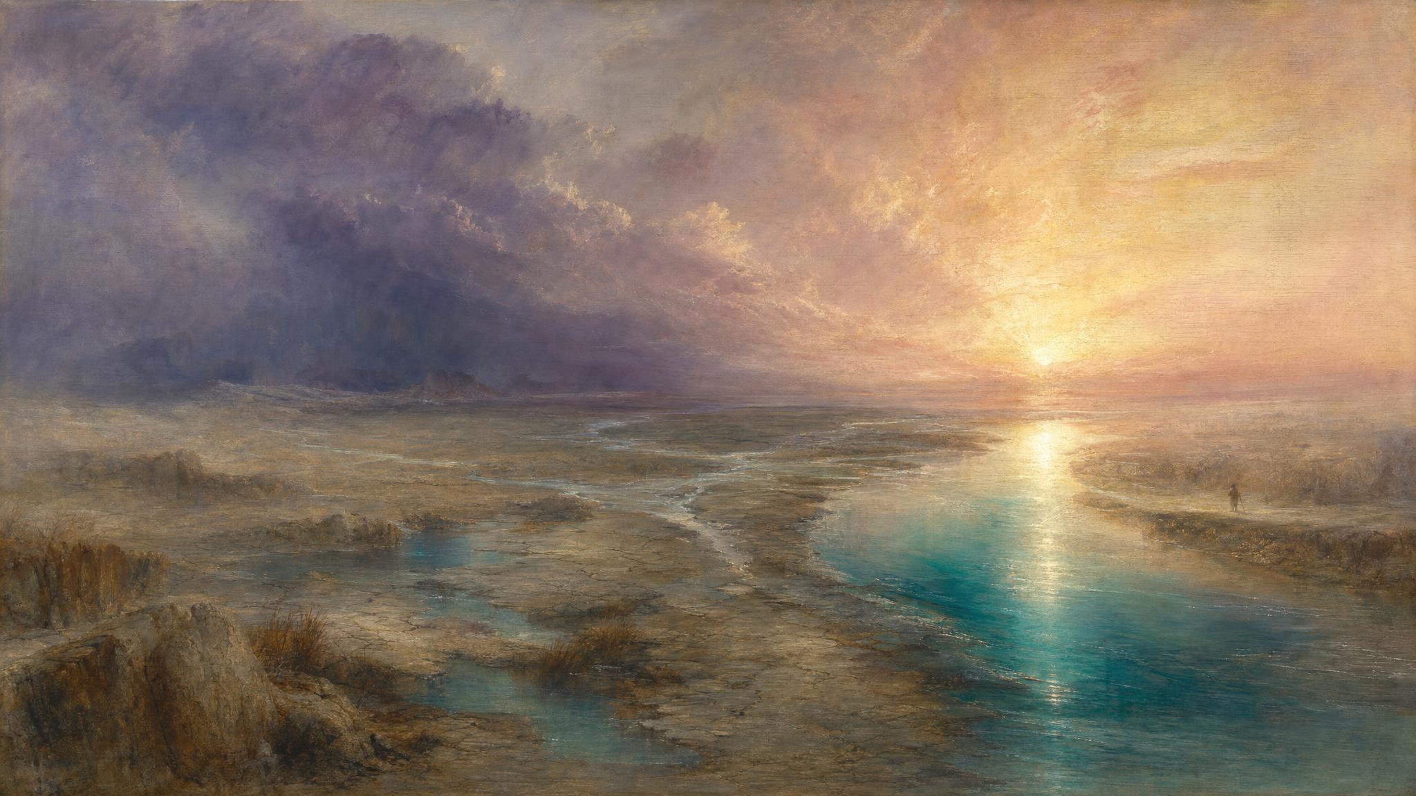 Scattered streams on a slate-grey plain converge into one glowing teal river beneath violet and rose dawn sky.