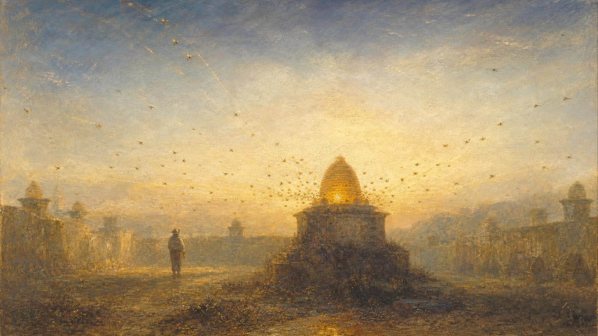 Bees converge along golden trails toward one glowing hive as a small silhouetted keeper watches in silver-blue dusk light.