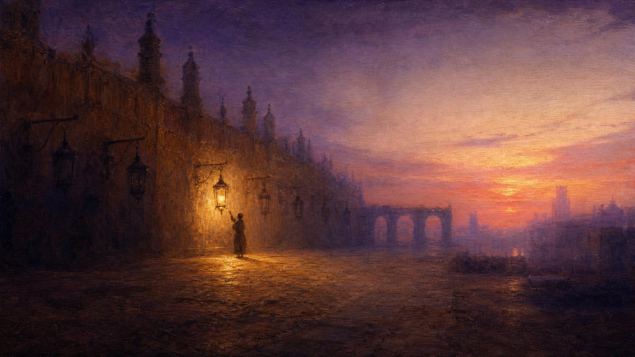 A lone figure kindles one lantern among many unlit ones in a violet dusk courtyard, warm gold light spreading softly.