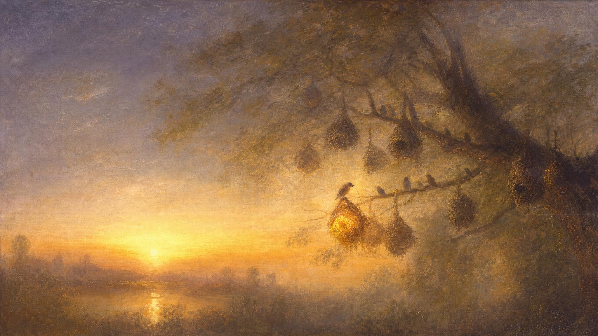 A weaver bird threads gold grass into a glowing nest at dawn, other birds waiting nearby under a violet-gold sky.