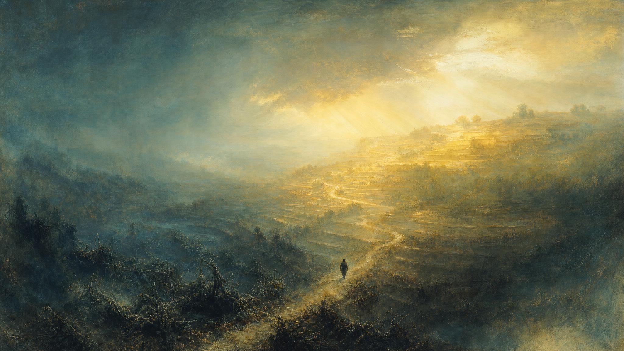 Terraced fields shift from tangled shadow to gold-lit clarity as mist parts above a hillside path, one figure walking free.