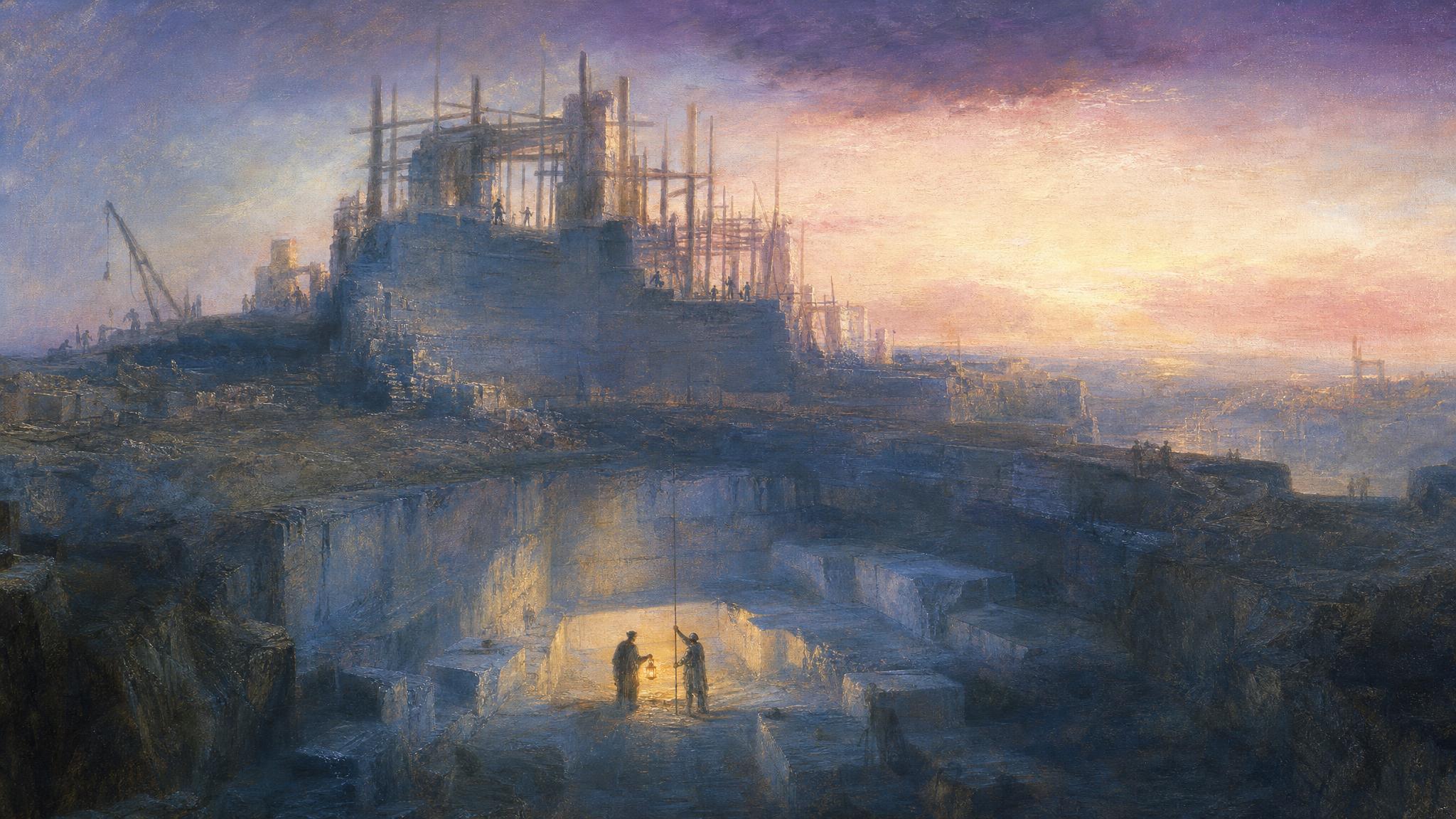 Silhouetted figures examine glowing stone foundations beneath an unfinished tower, violet dusk and pale rose light meeting at the horizon.