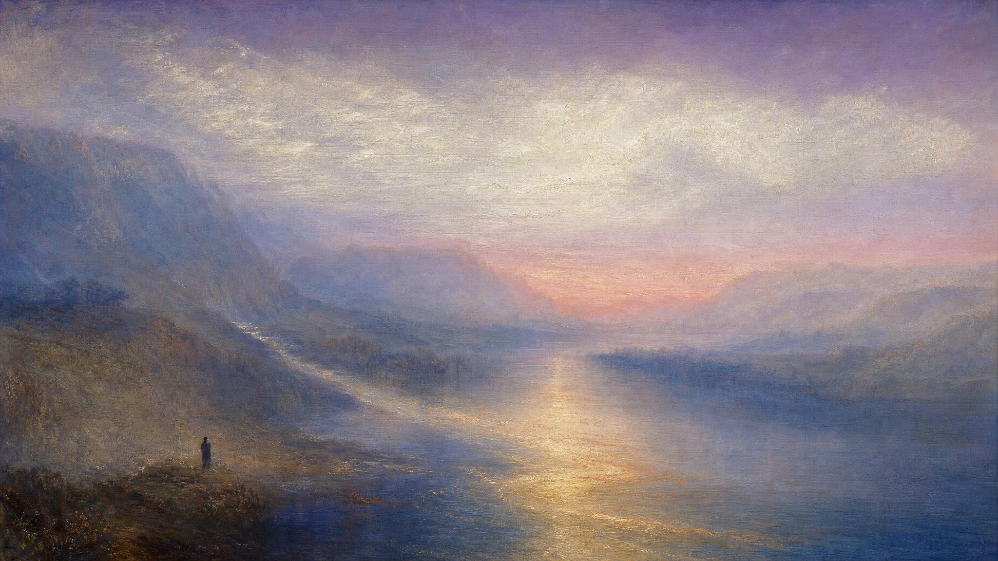 A quiet tributary merges seamlessly into a wide river under a violet-rose sky, a seam of golden light marking the join.