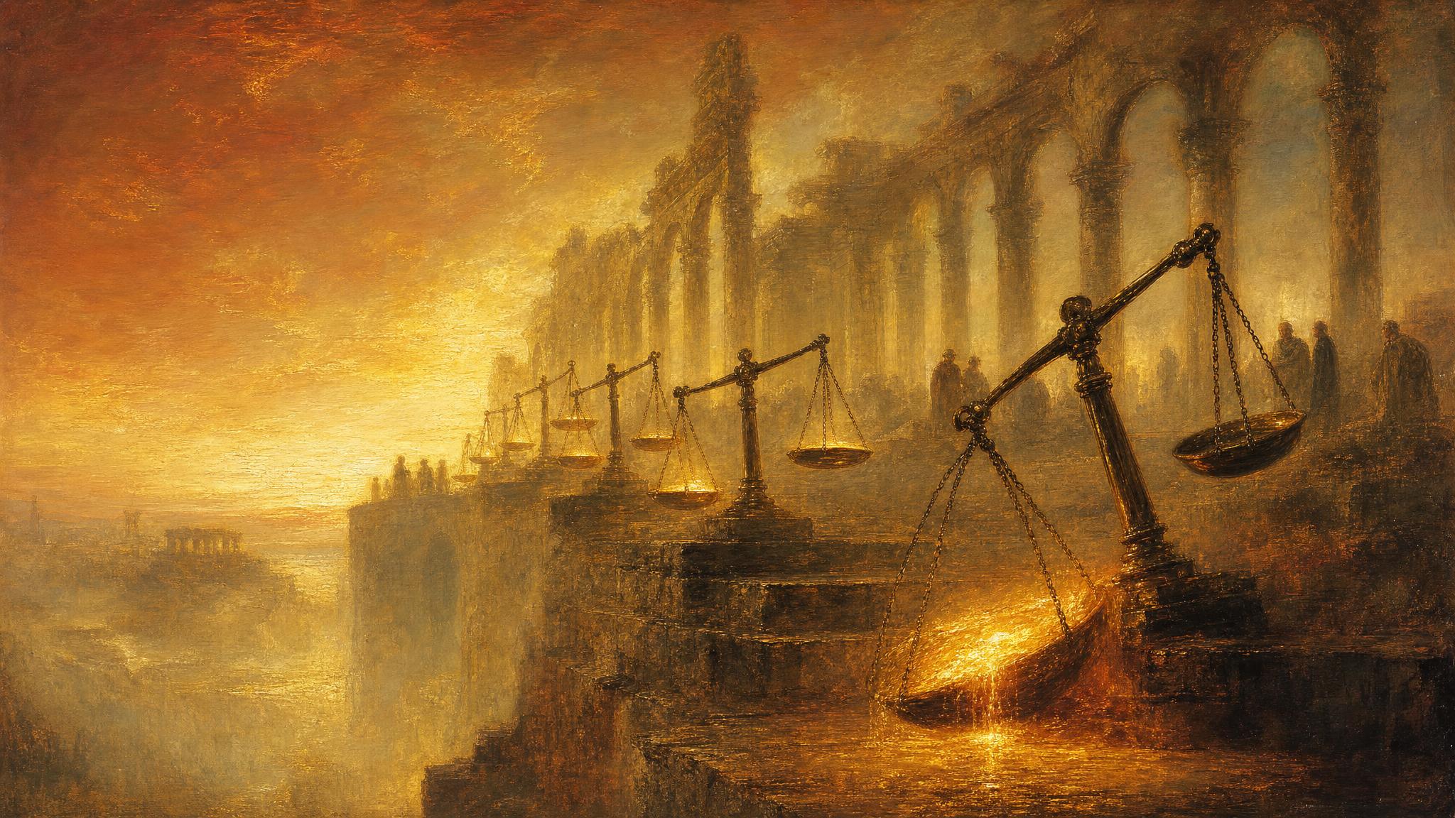 A chain of bronze scales along ancient stone tiers tips out of balance in glowing amber-gold light beneath a burnt-orange sky.
