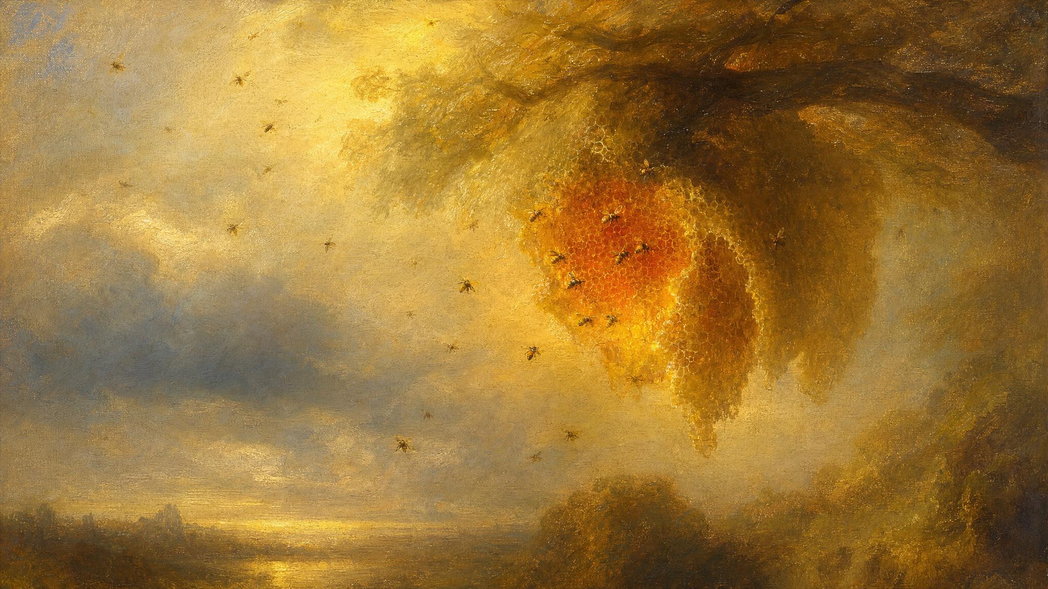 Bees circle a half-built glowing amber hive under a grey-gold sky, some landing, many still searching for a place to settle.