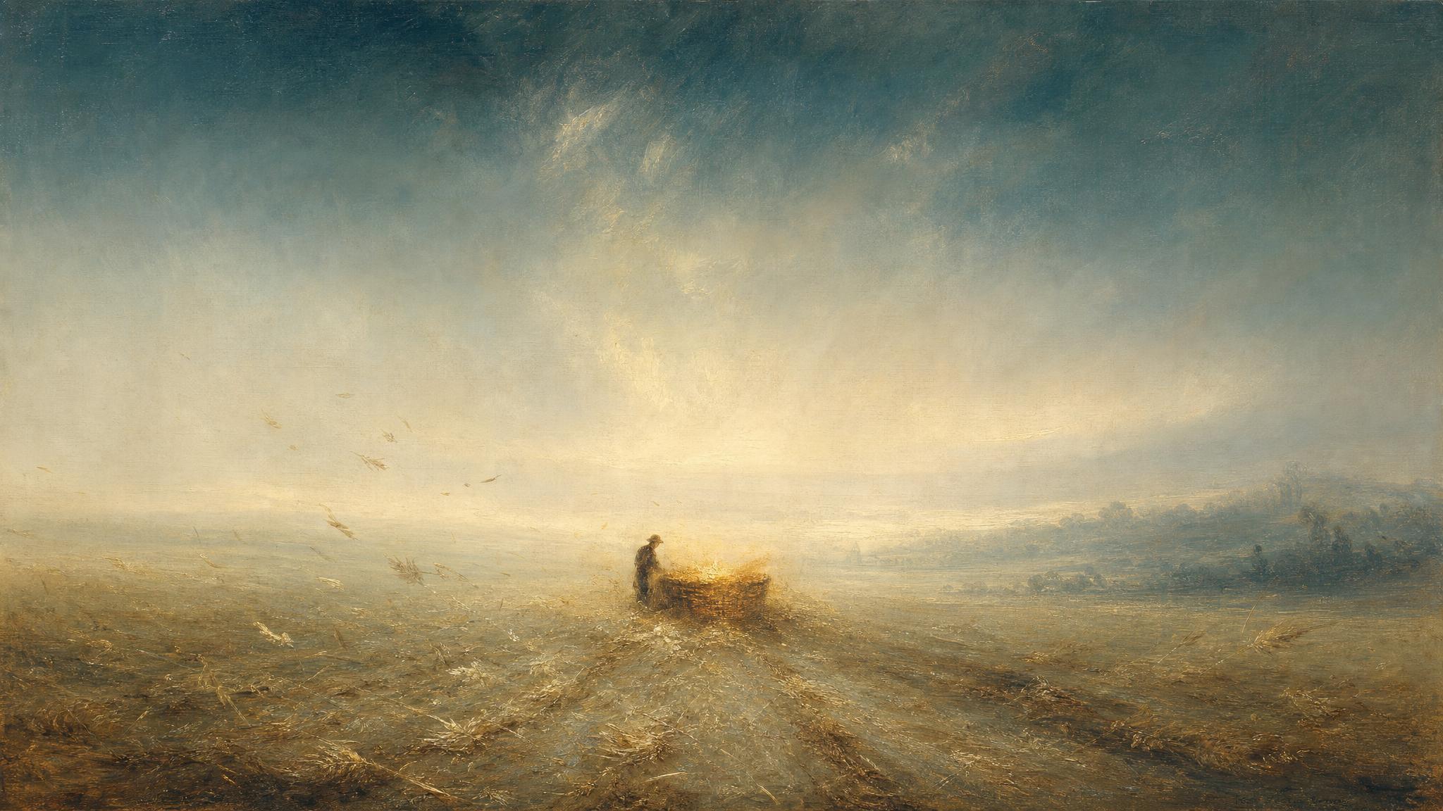 Scattered grain across a misty teal field gathers into a glowing amber basket, a small figure tending it in soft light.