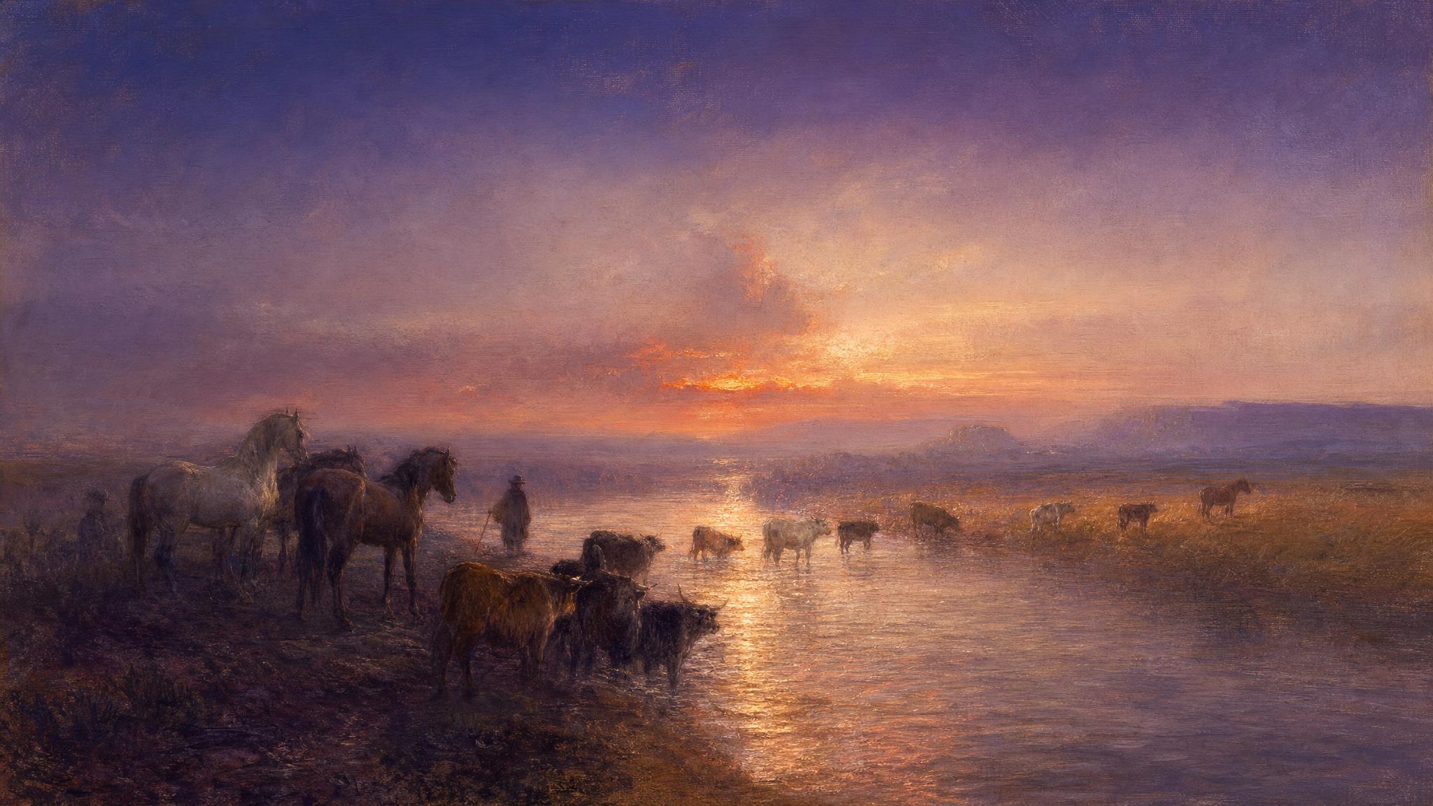 A herd hesitates at a glowing river ford under a violet dusk sky, a small figure walking calmly beside them toward the far bank.