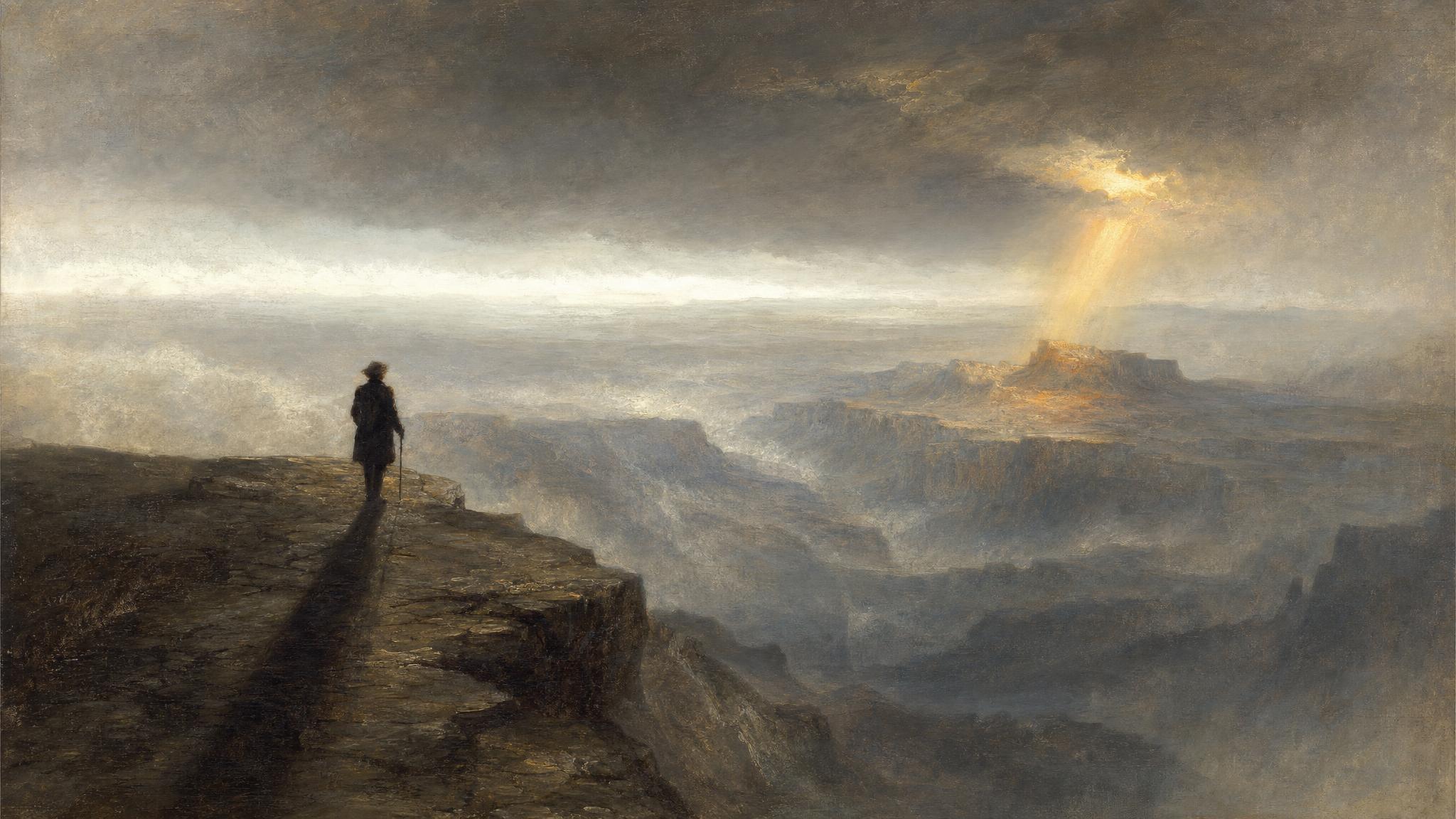 A lone silhouette casts a long shadow over misty slate cliffs, one distant ridge lit by a thin vein of amber light.