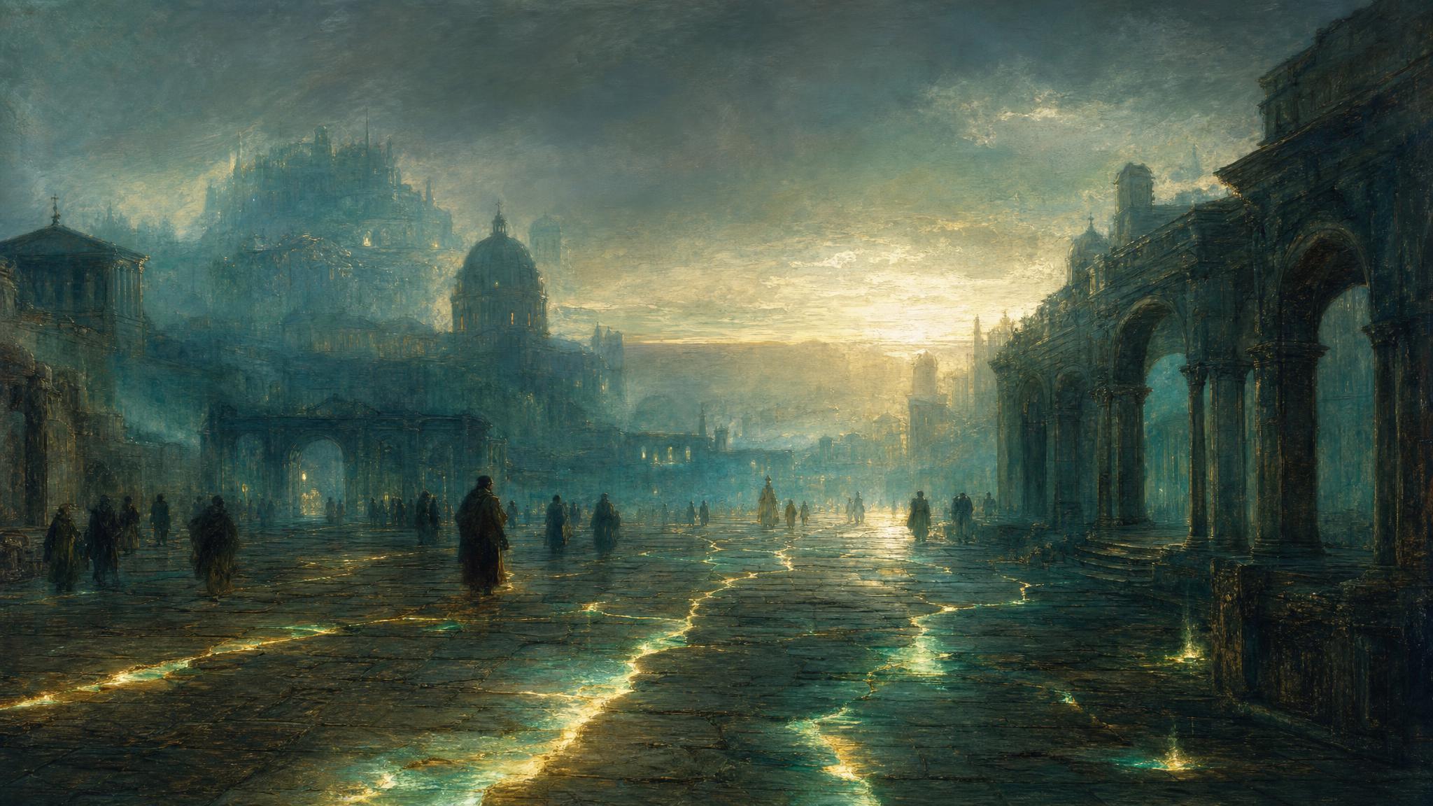 Teal-misted ancient plaza where glowing water seeps unnoticed through cracked stones as small figures walk above, unaware.
