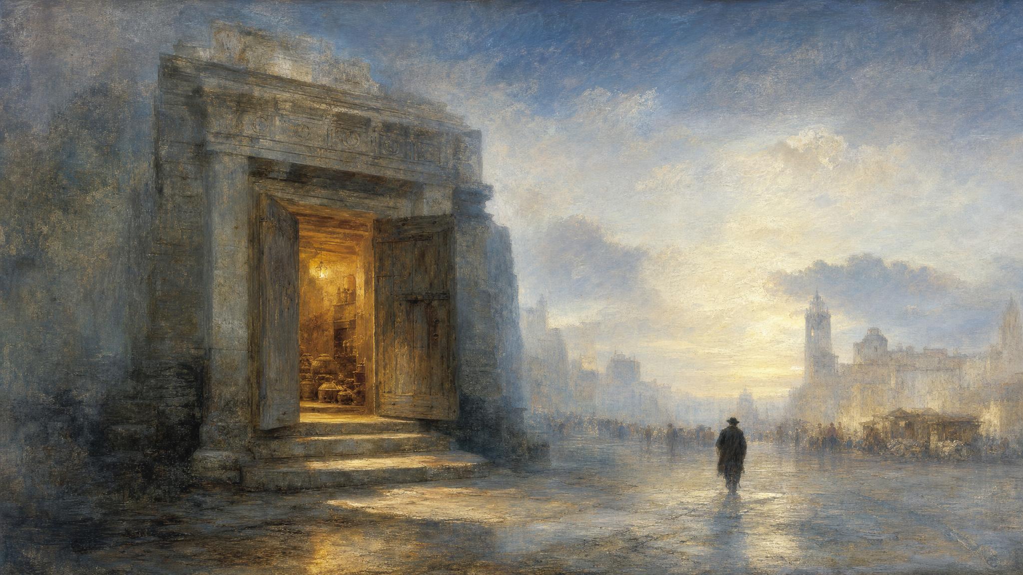 A silver-blue stone storehouse stands with its door left open, warm amber light spilling out as a lone figure walks away.