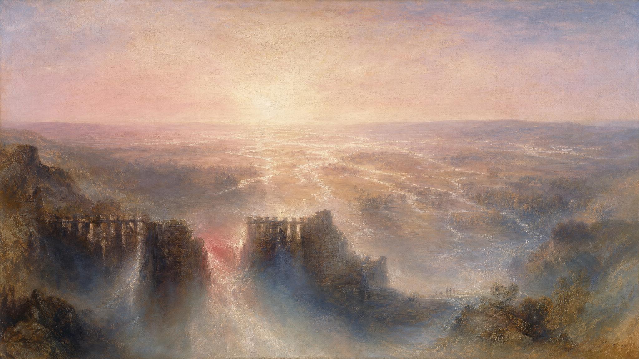 A crumbling stone weir releases a river into countless bright streams across a valley glowing in pale rose dawn light.