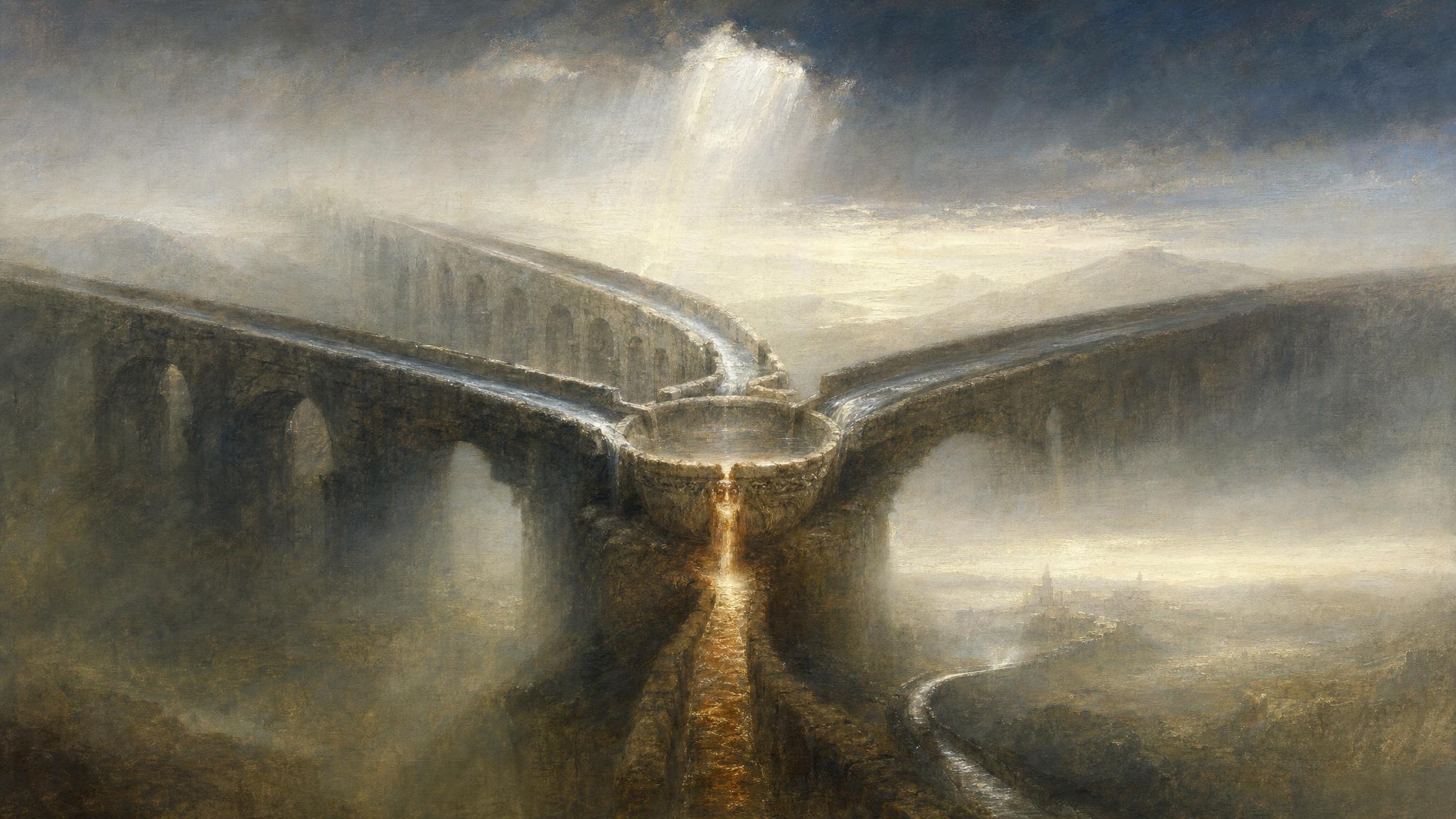 Three stone aqueducts converge into one basin, its spilling water lit copper-gold beneath a slate-blue sky brightening at the horizon.