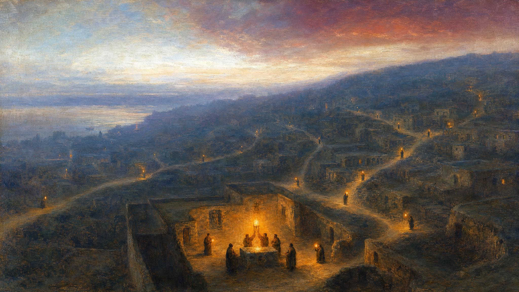 Silhouetted figures with scattered lanterns cross a dusk hillside settlement, one shared beacon glowing brighter in silver-blue and amber light.