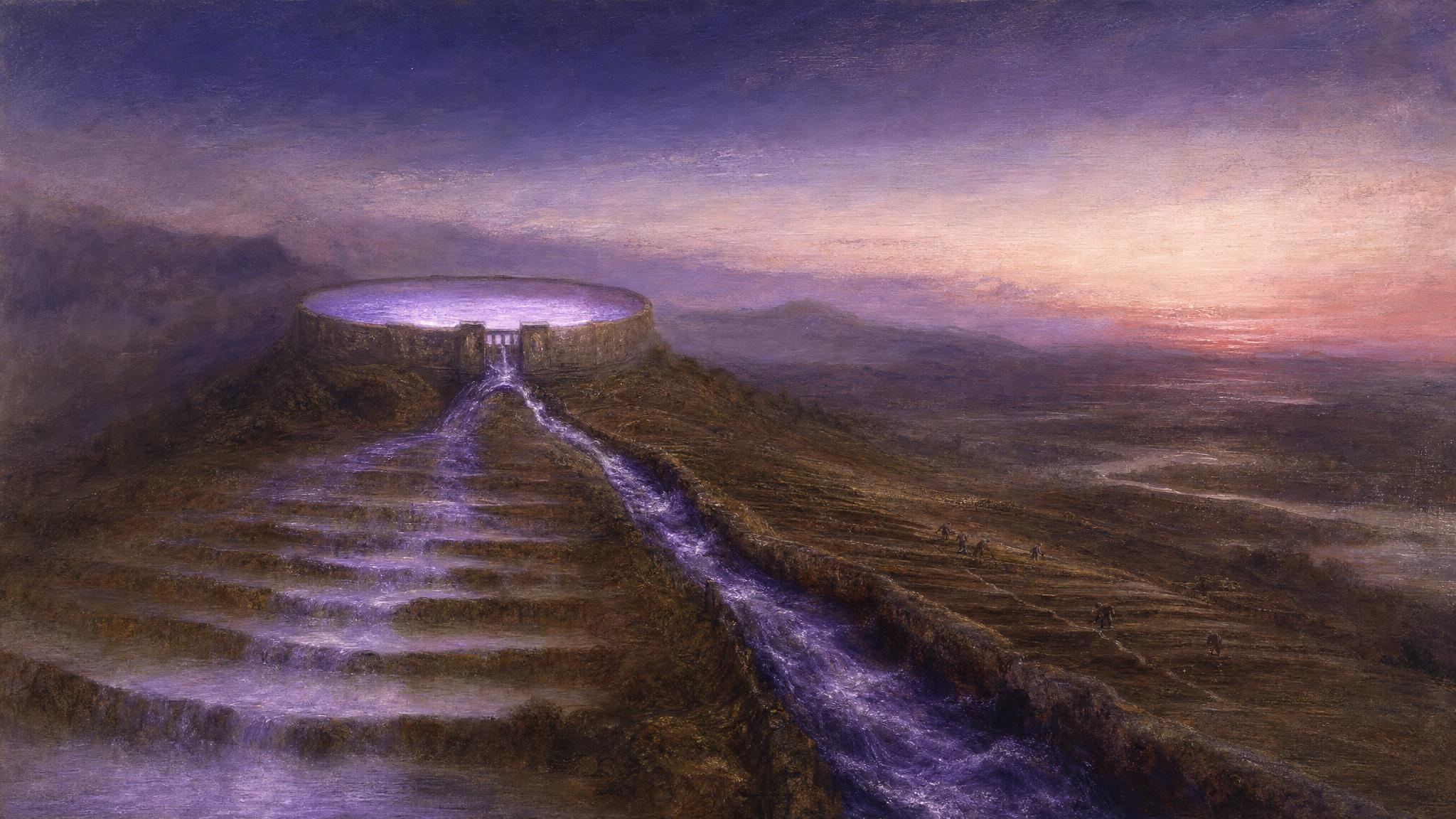 Two channels split from one violet-lit reservoir at dusk, one slow and wide, one swift and narrow, under a rose-edged sky.