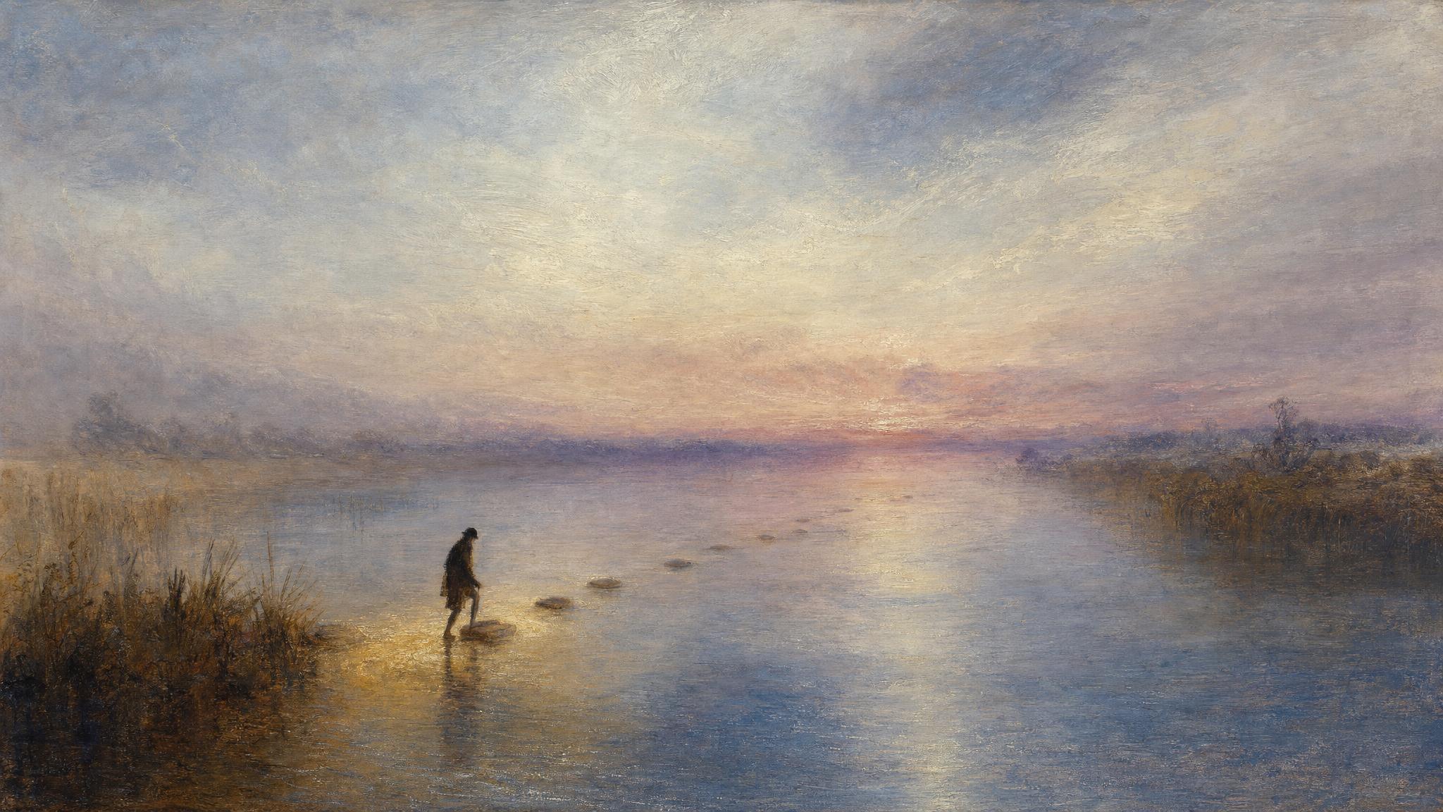 A small silhouetted figure tests a stepping stone across a wide silver-blue river beneath a violet and rose dawn sky.