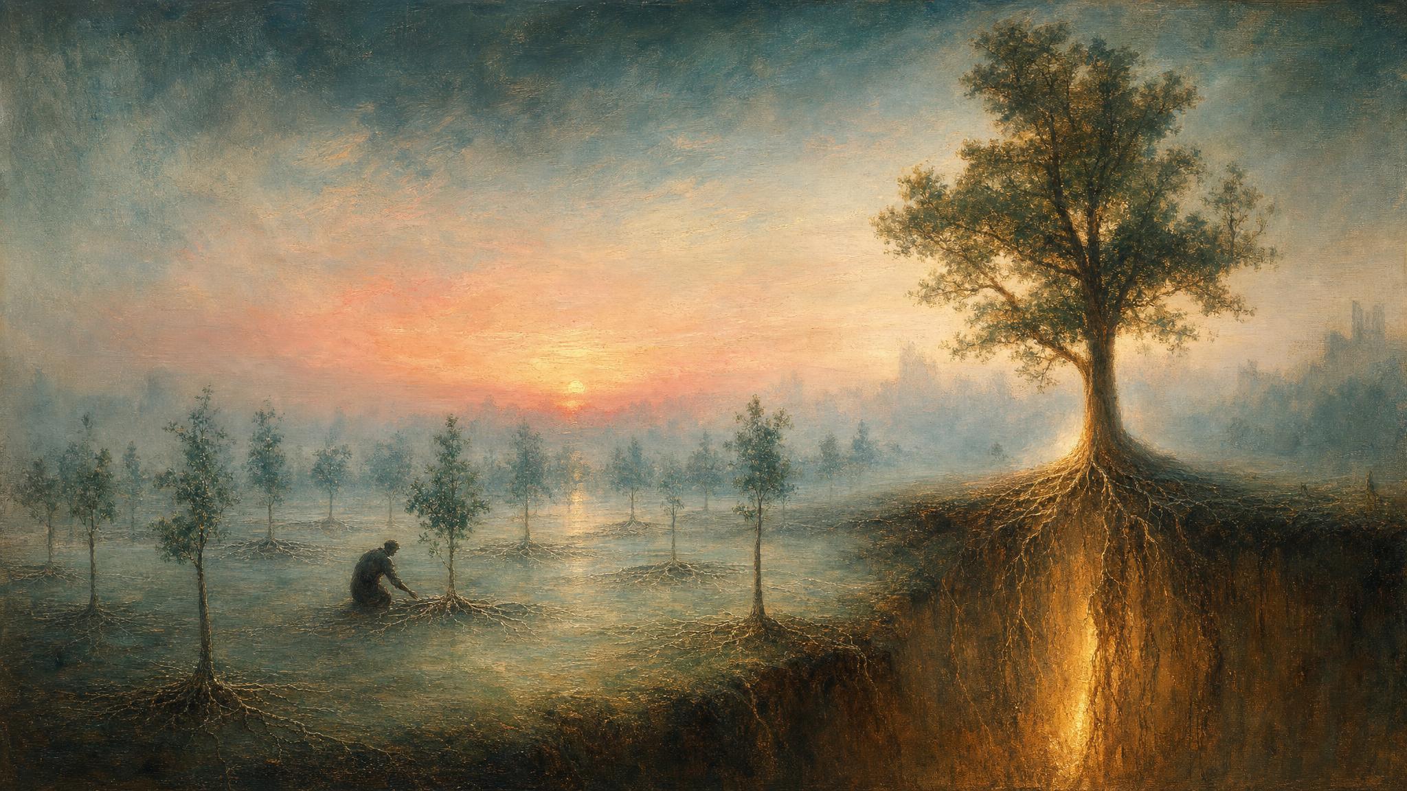 Young shallow-rooted saplings fill a misty teal clearing beside one deep-rooted elder tree lit by warm dawn light.