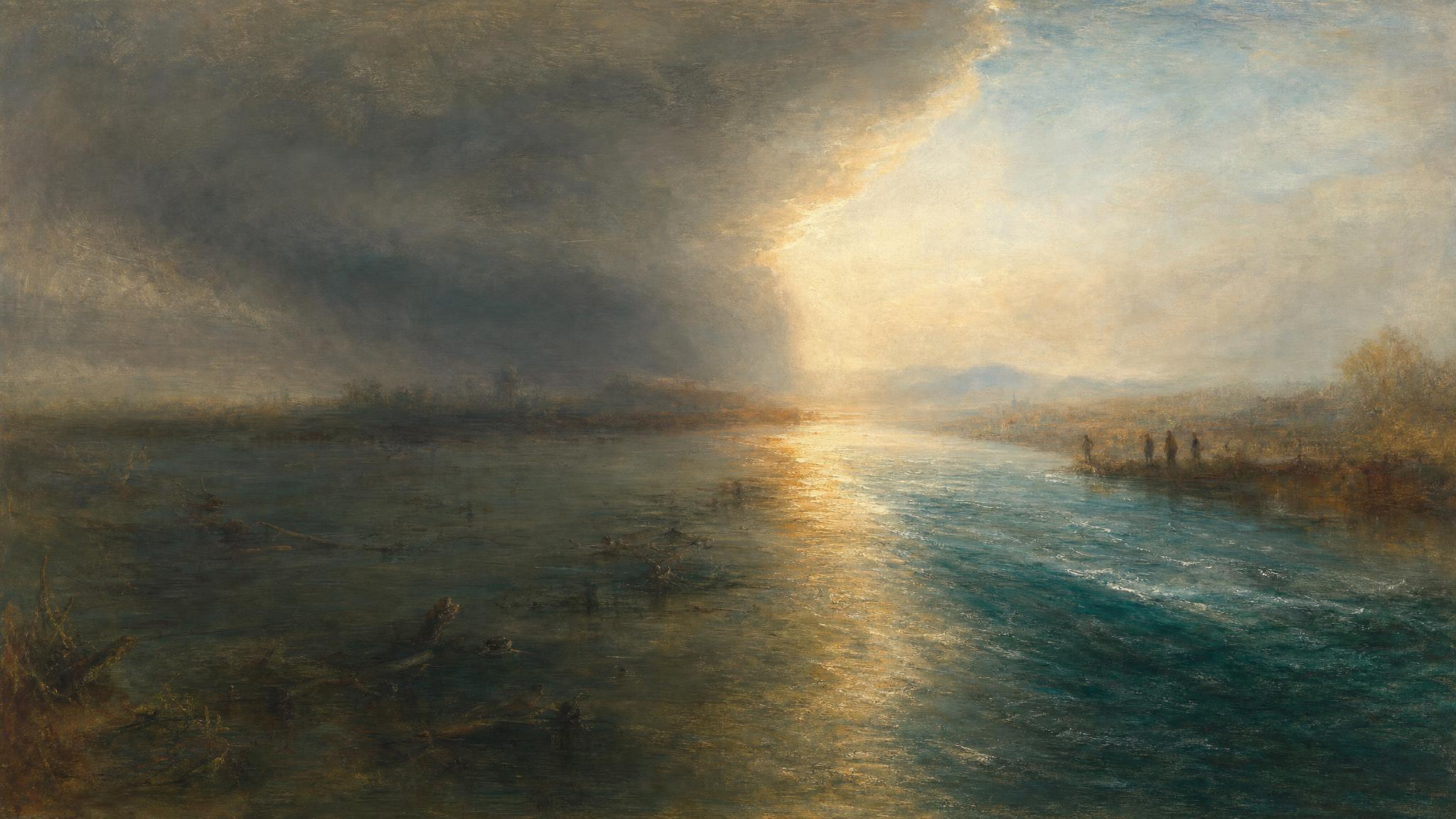 A stagnant silted river breaks into a clear glowing channel under parting grey and pale blue skies, teal water meeting soft copper light.