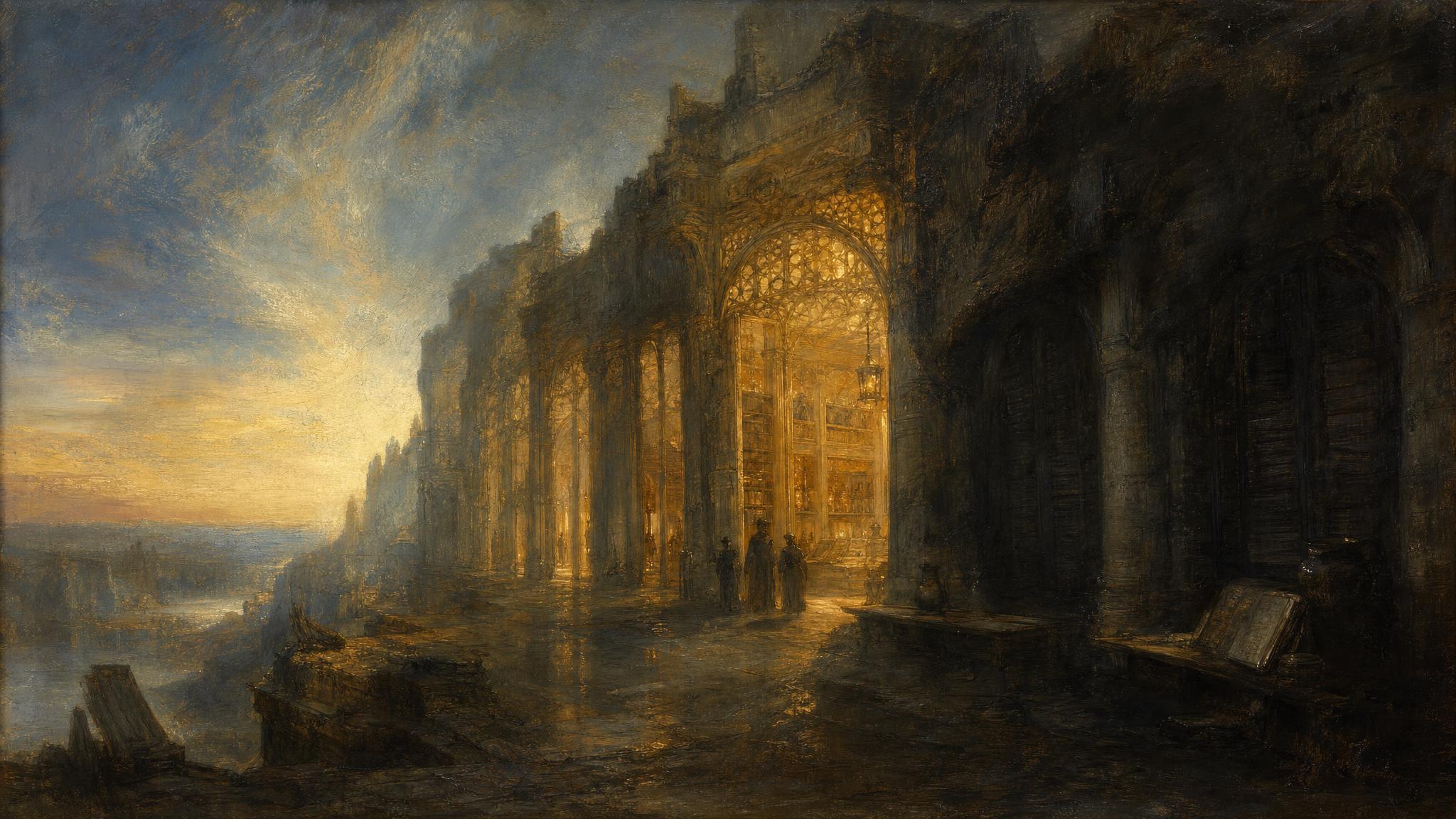 Glass archive chambers glow amber within a slate-grey stone ruin beside sealed dark vaults under a silvery dusk sky.