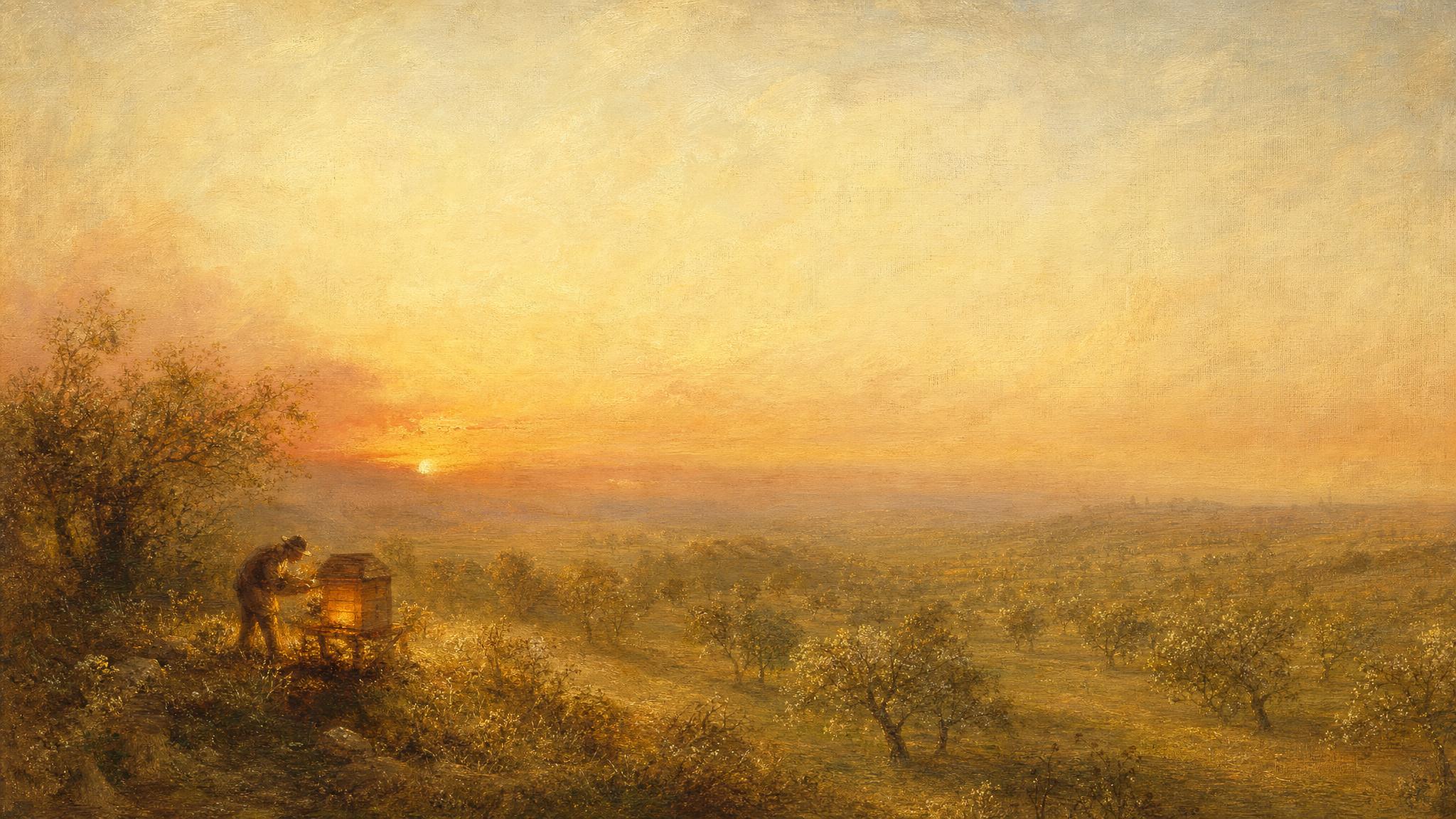 A figure tends one glowing beehive at an orchard's edge, warm amber light against a hazy rose-gold sky.