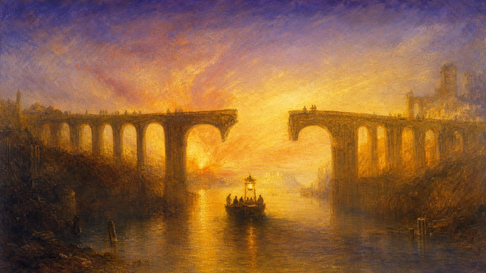 A stone bridge with a deliberate gap glows amber at dusk, a lantern-lit ferry carrying travellers across to the far span.