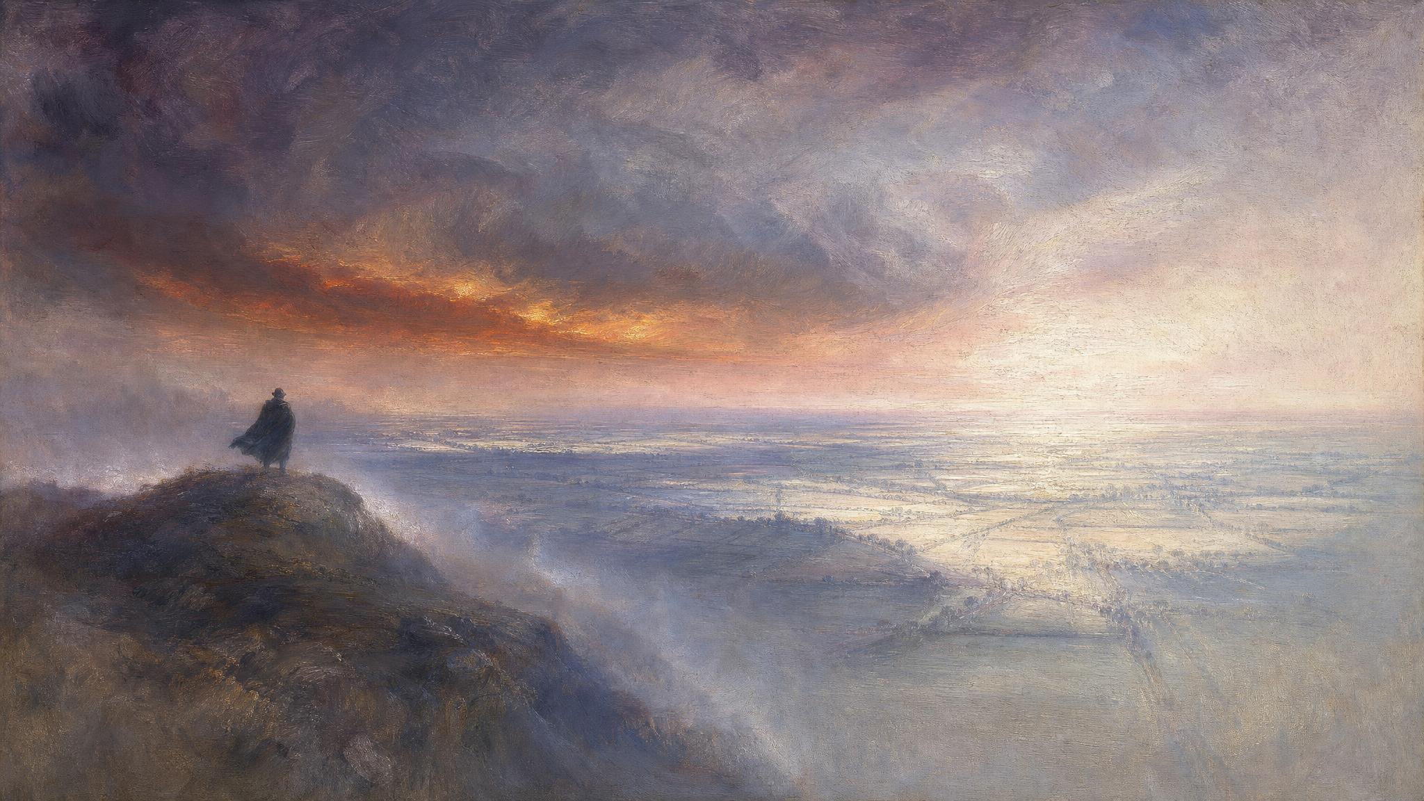 A lone figure on a ridge watches a violet storm gather over silver-blue fields lit with copper-gold light at the horizon.