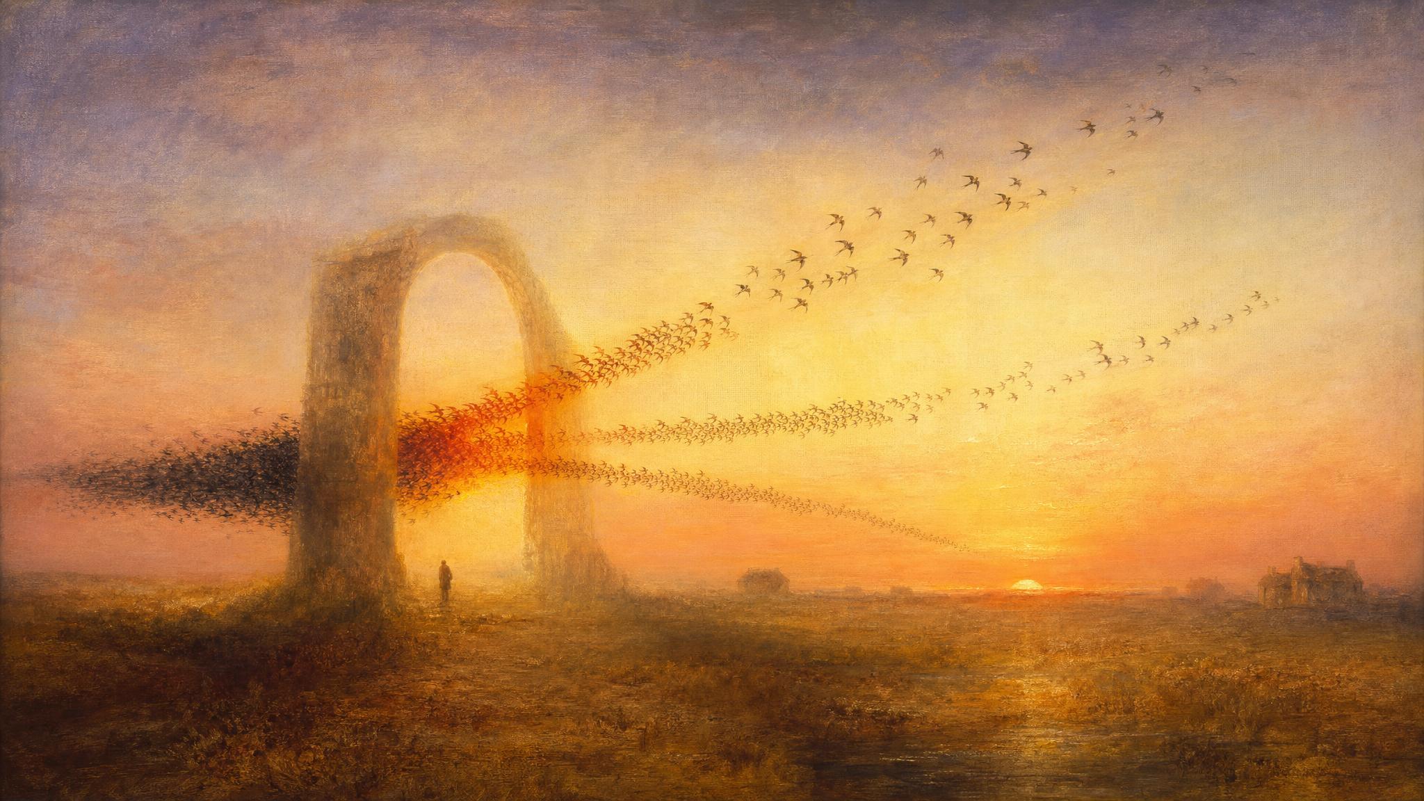 Swallows pour through a stone archway at amber-gold dawn, untangling from one mass into separate streams toward the horizon.