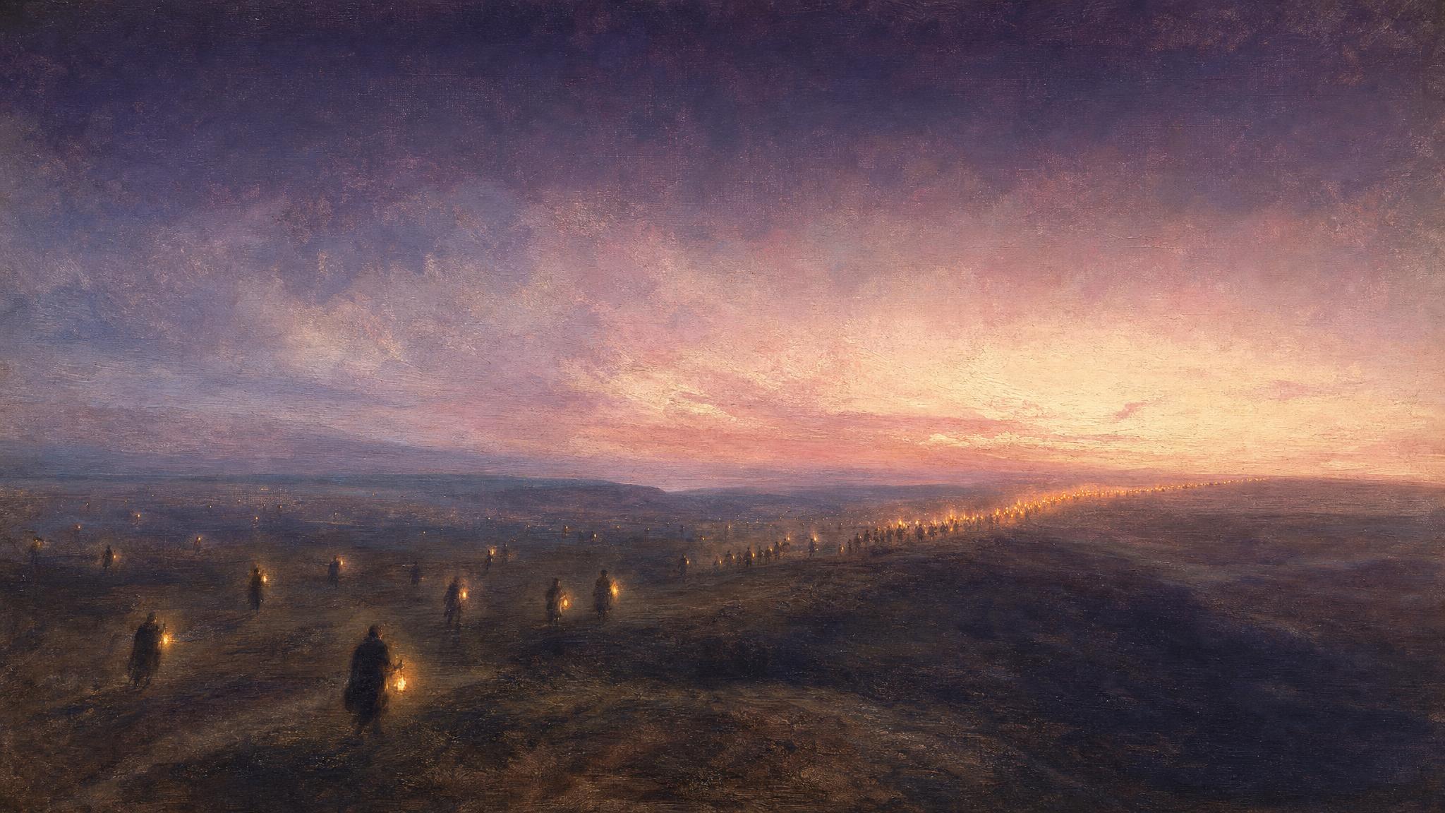 Scattered lanterns on a dusk plain slowly align into one glowing line beneath a violet and rose sky.