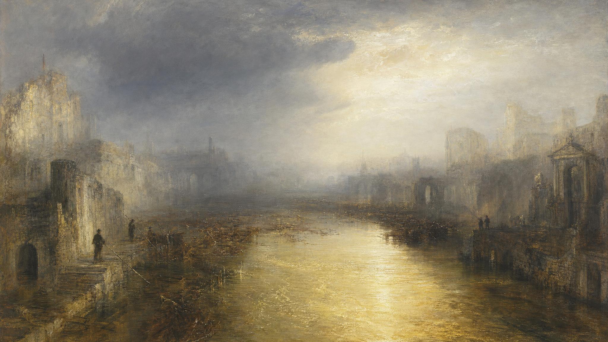 An ancient canal clogged with silt clears into one bright golden channel under silver-grey light breaking through cloud.