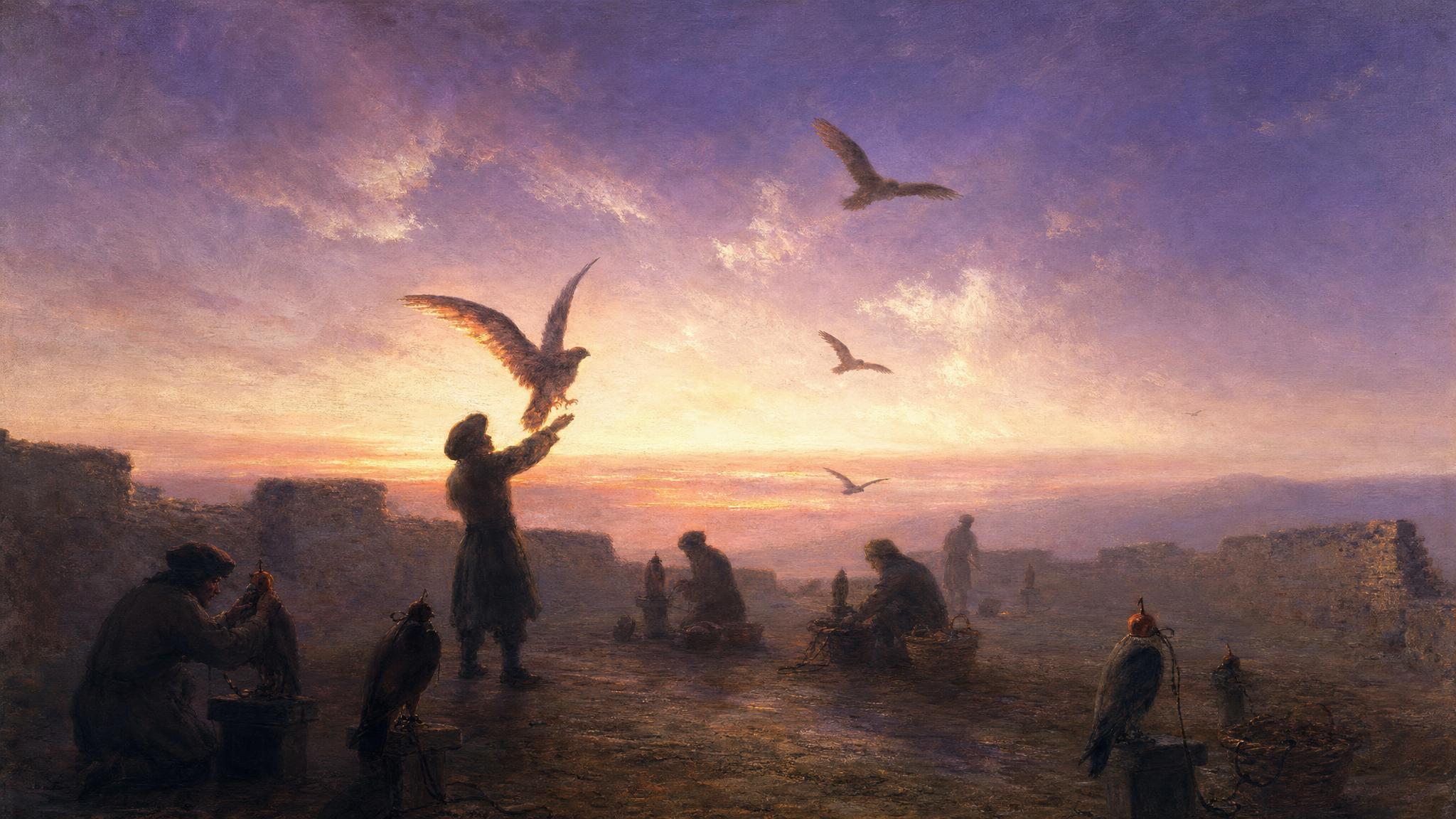 Falcons are unhooded and released into a violet-rose dusk sky above a stone yard where small figures tend routine tasks below.
