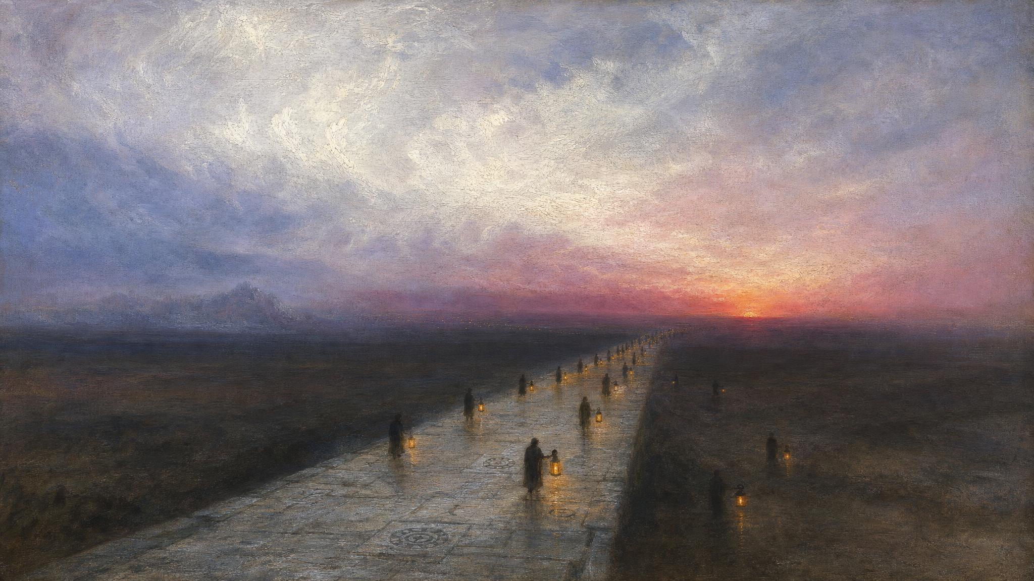 Tiny lantern-carrying figures drift off a stone causeway into violet dusk, their amber lights straying from the marked path.