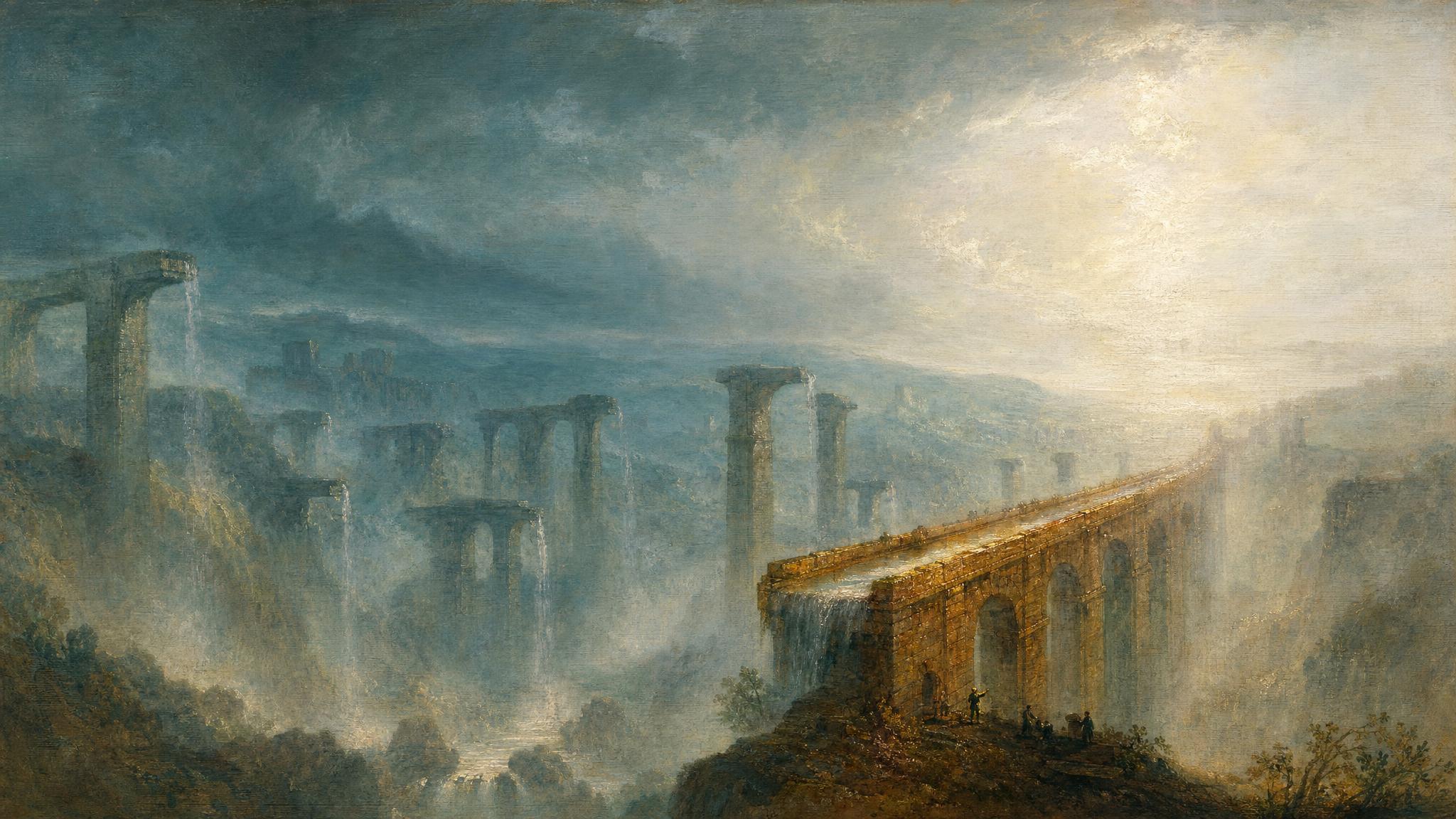 Ancient aqueducts cross a misty valley in teal light; most channels stand broken apart, one joined span glows and carries water.