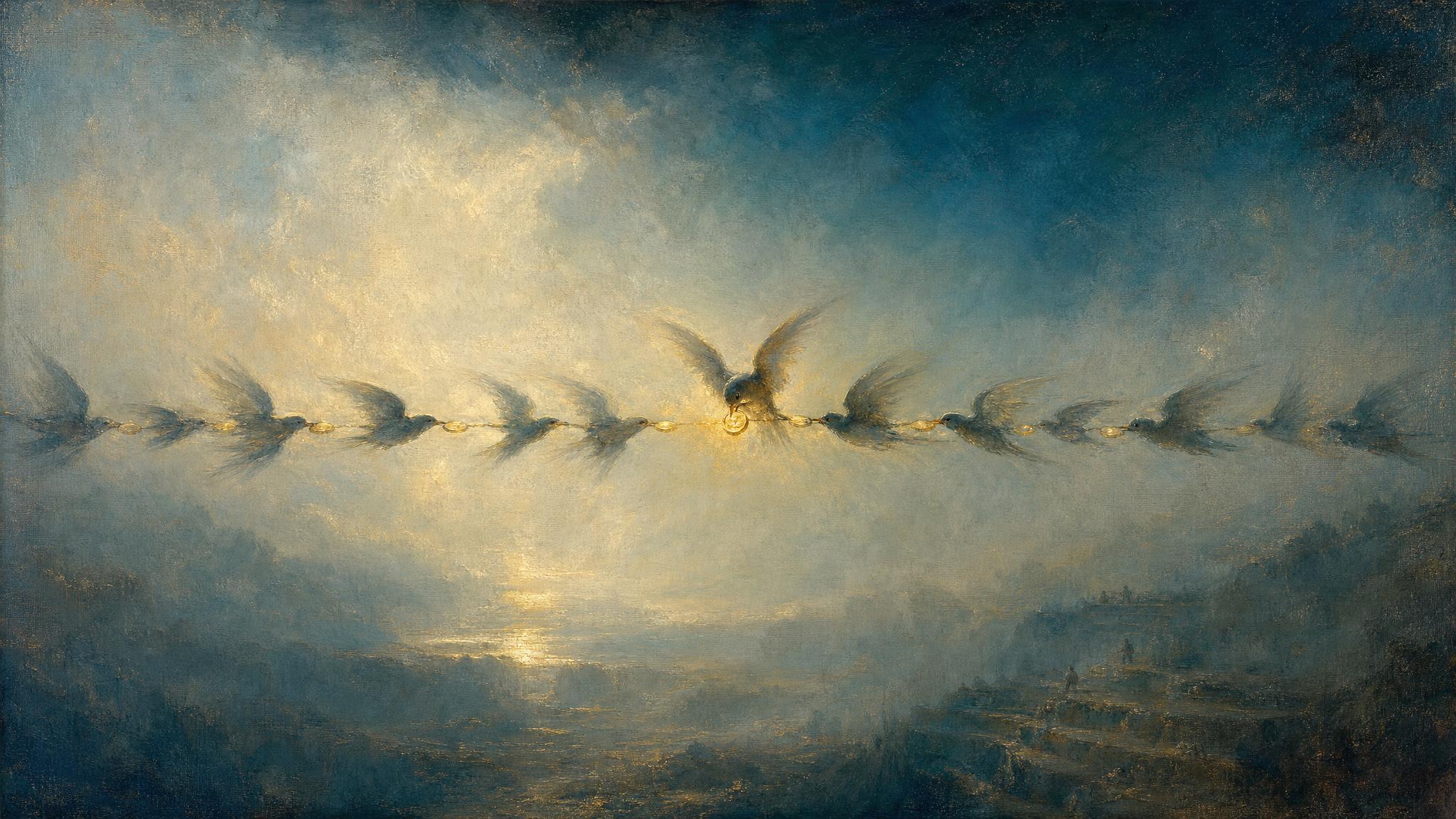 Small birds pass a glowing token wing to wing in an unbroken chain through teal mist, one pausing mid-relay to examine it.