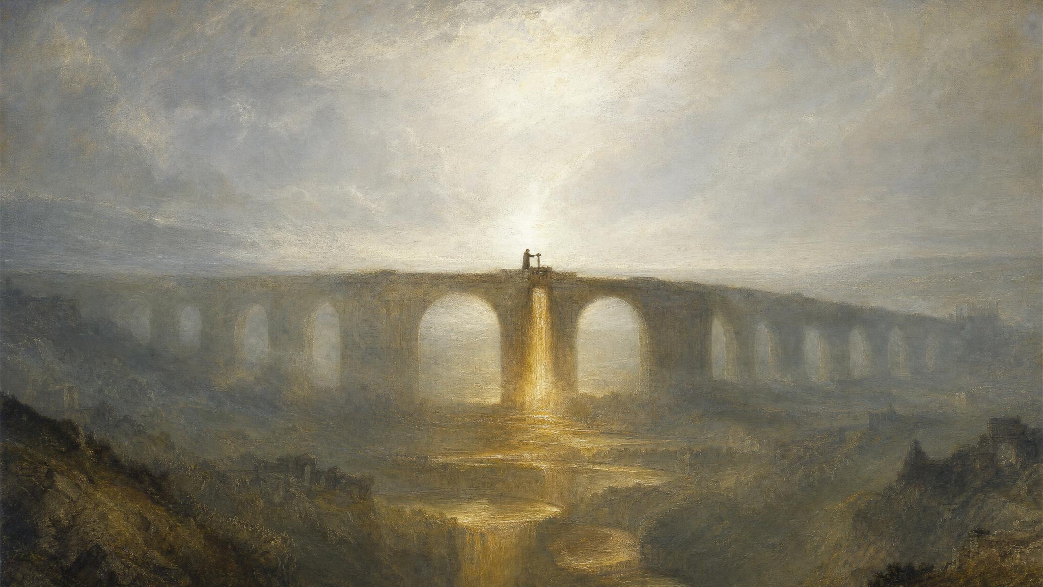 A silver-grey stone aqueduct glows under an overcast sky, a small figure lifting a gate where golden water spills into fields below.